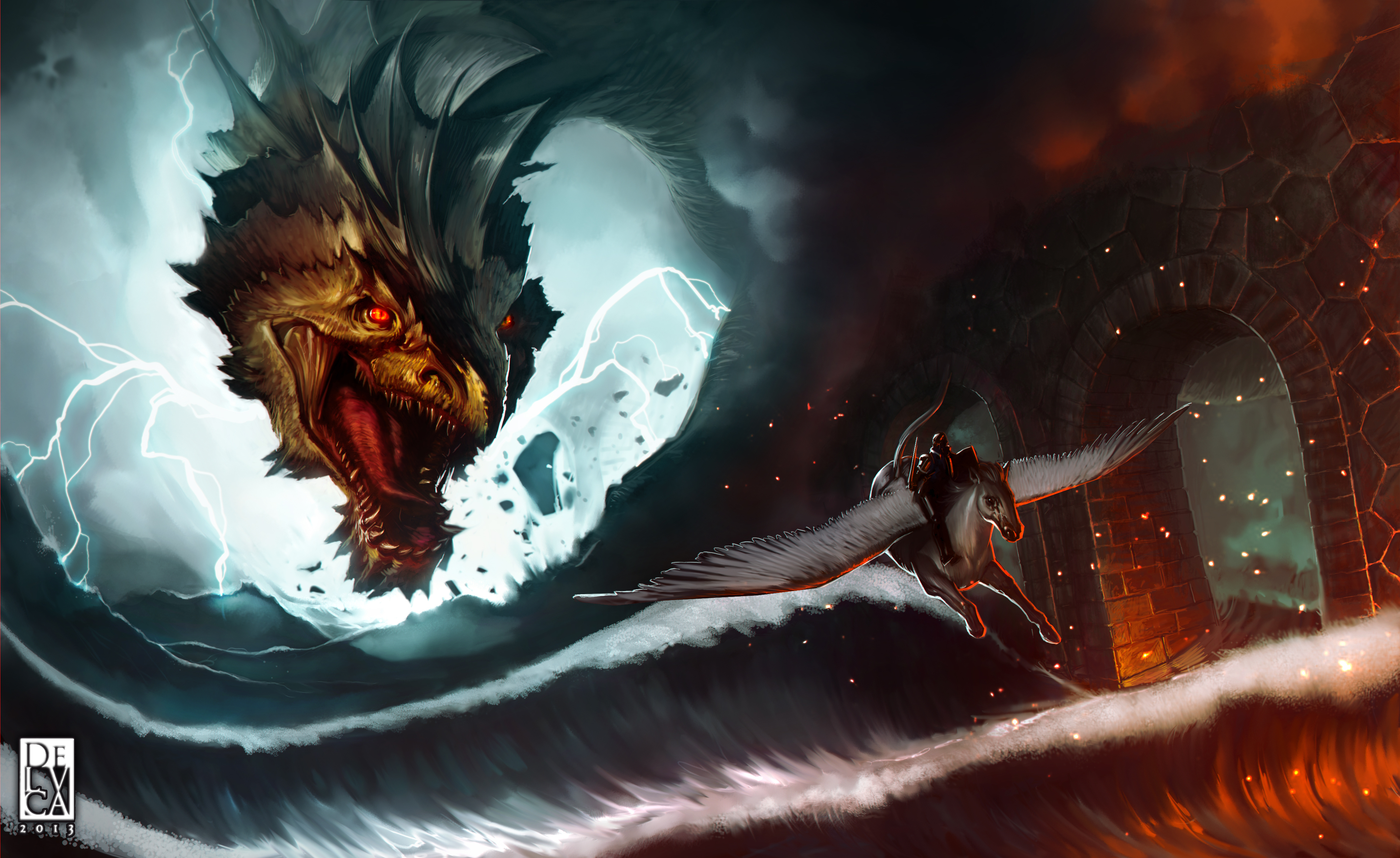 Dragon and Pegasus Rider over a Bridge HD Wallpaper