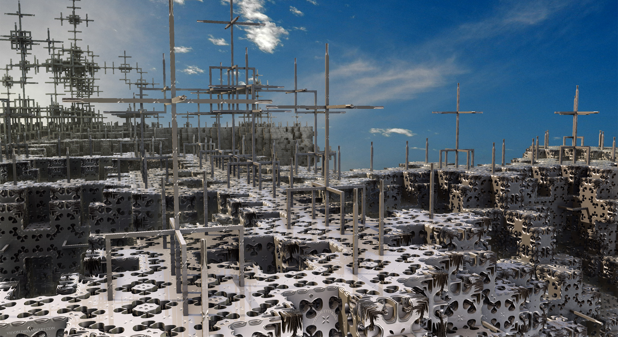 Fractal city with metallic structures and blue sky HD Wallpaper