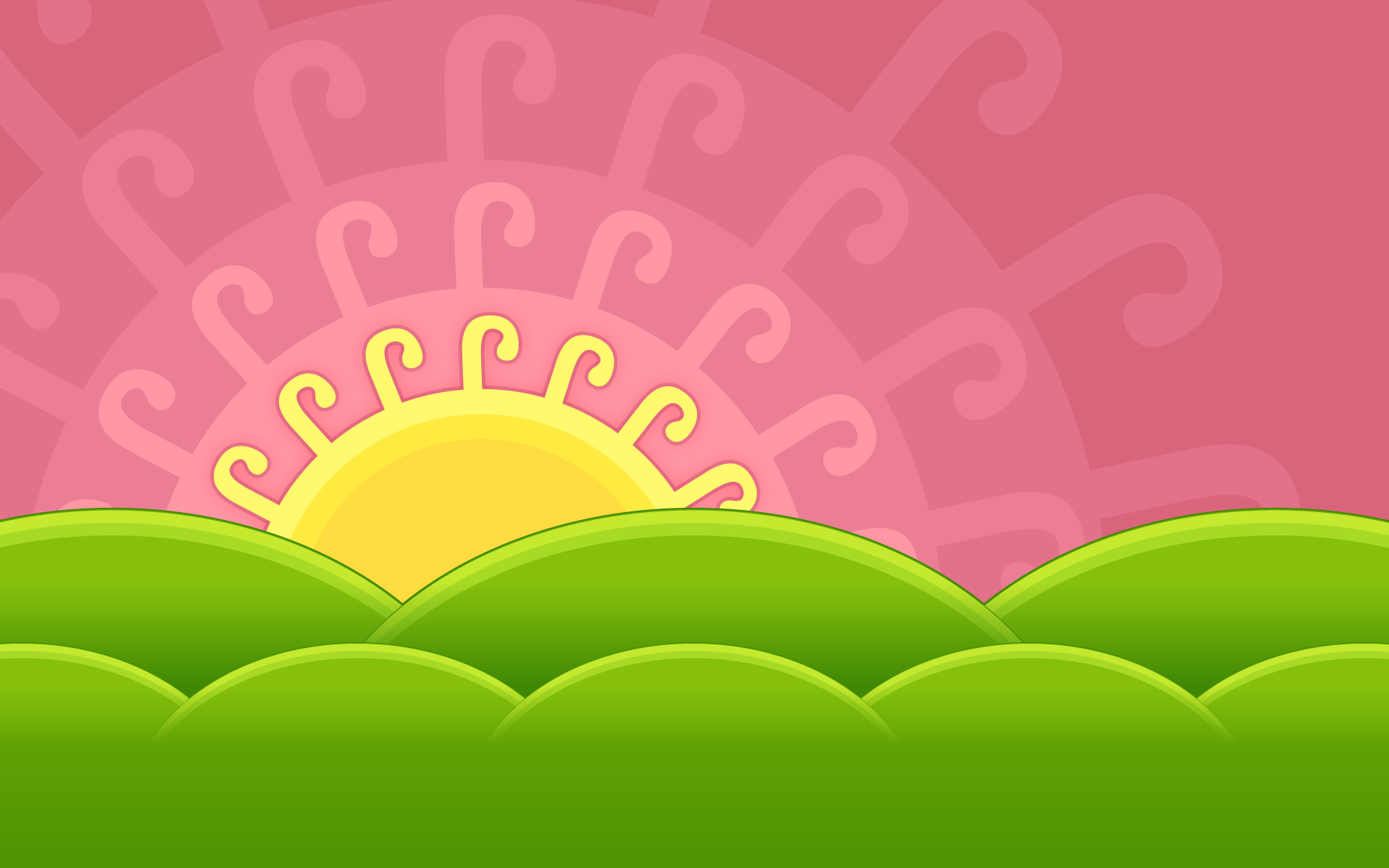 Stylized sunrise over green hills HD Wallpaper