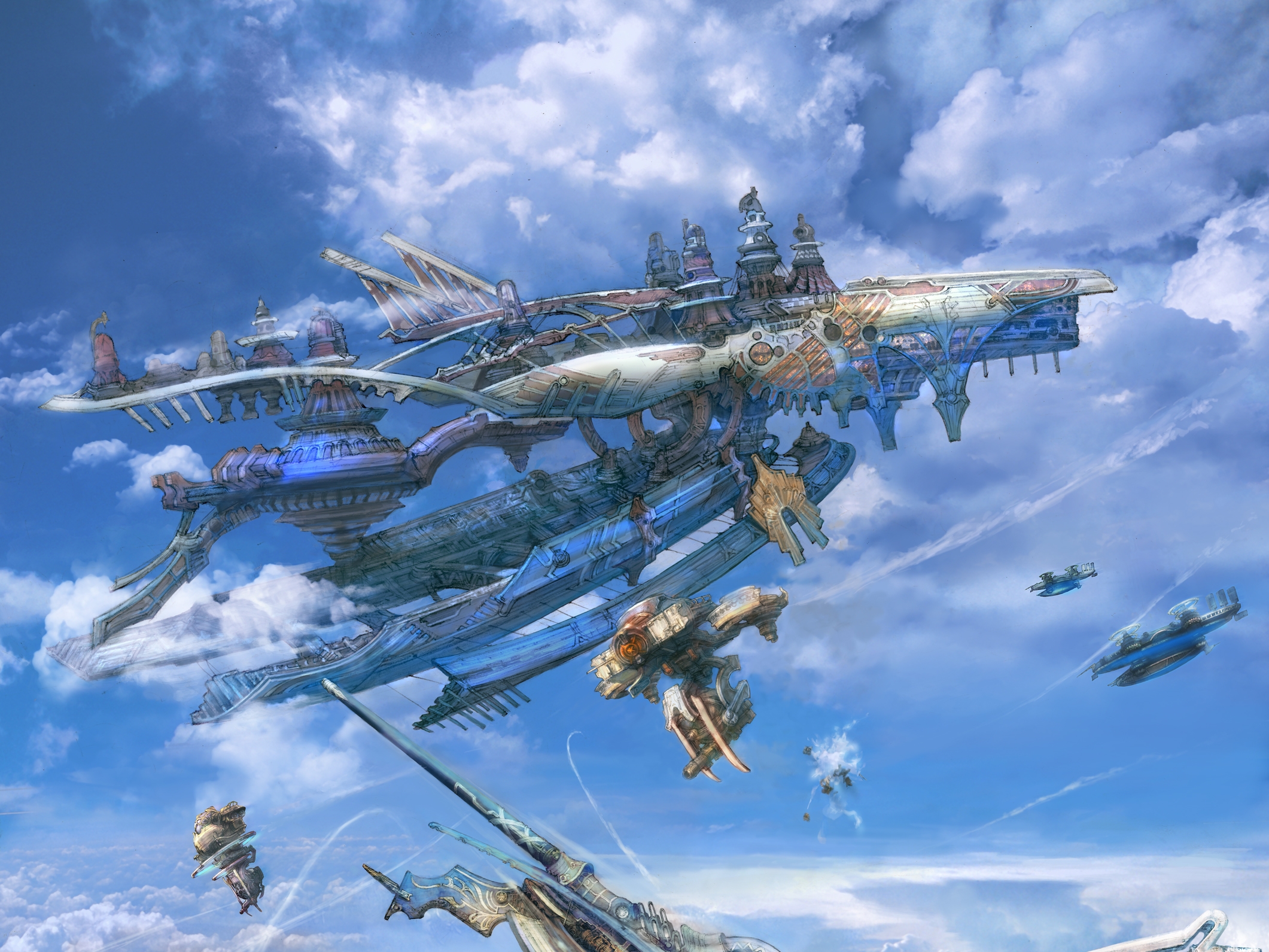 Massive airship fleet in a blue sky with clouds HD Wallpaper