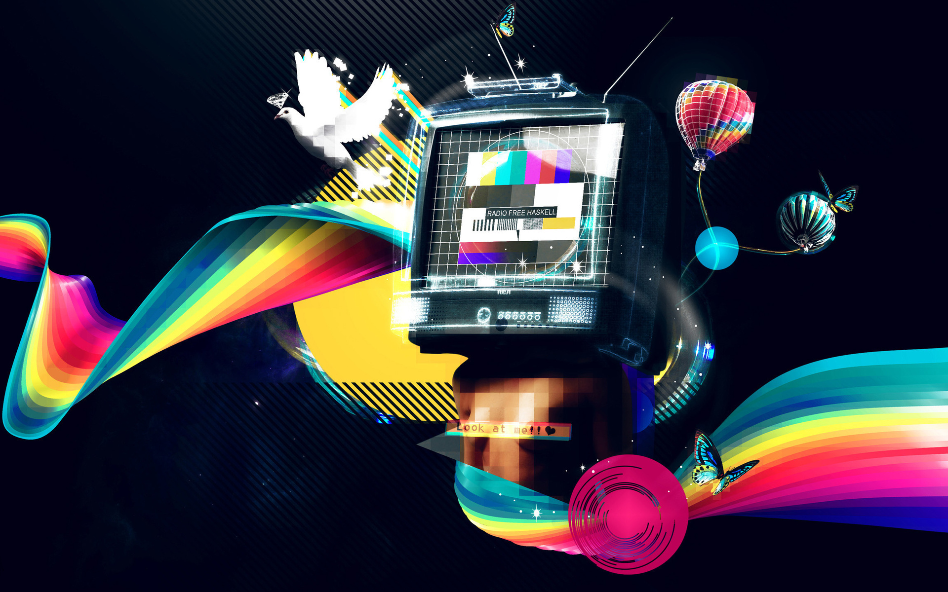 Abstract Retro Television with Rainbows and Butterflies HD Wallpaper