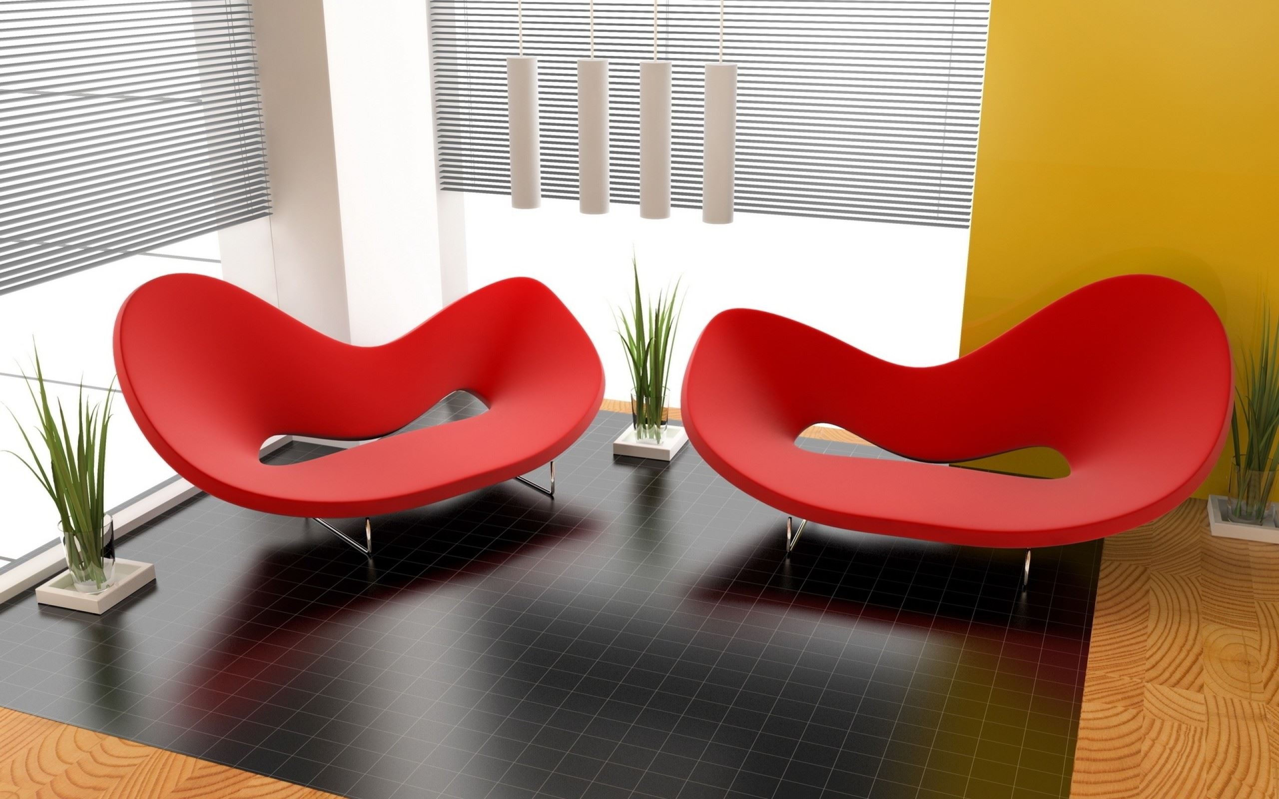 Two red chairs in a modern room HD Wallpaper