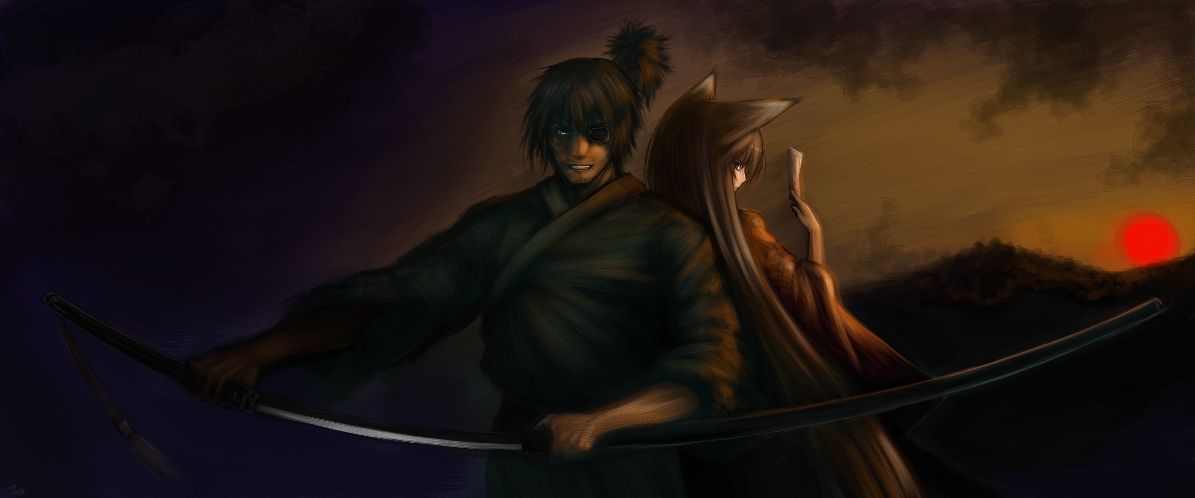 Samurai with bow and fox-eared woman at sunset HD Wallpaper
