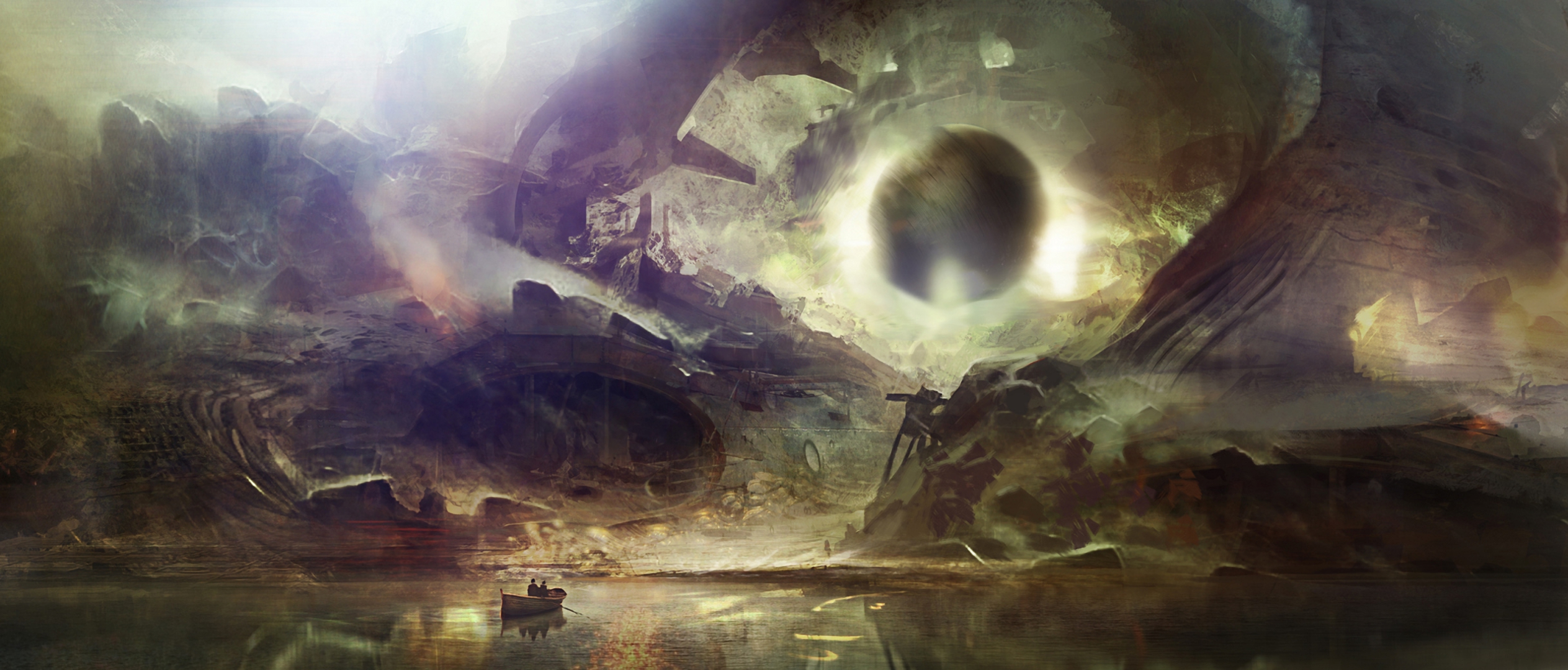 Fantasy landscape with a dark orb and a boat HD Wallpaper