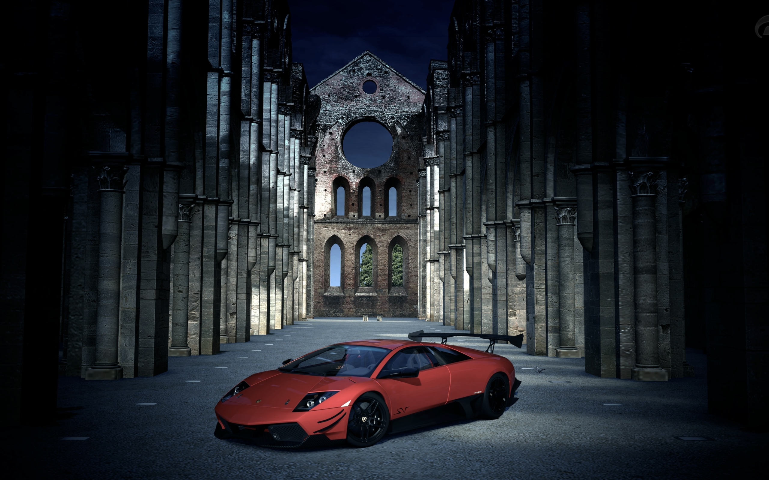 Red Lamborghini SV in ruined cathedral HD Wallpaper