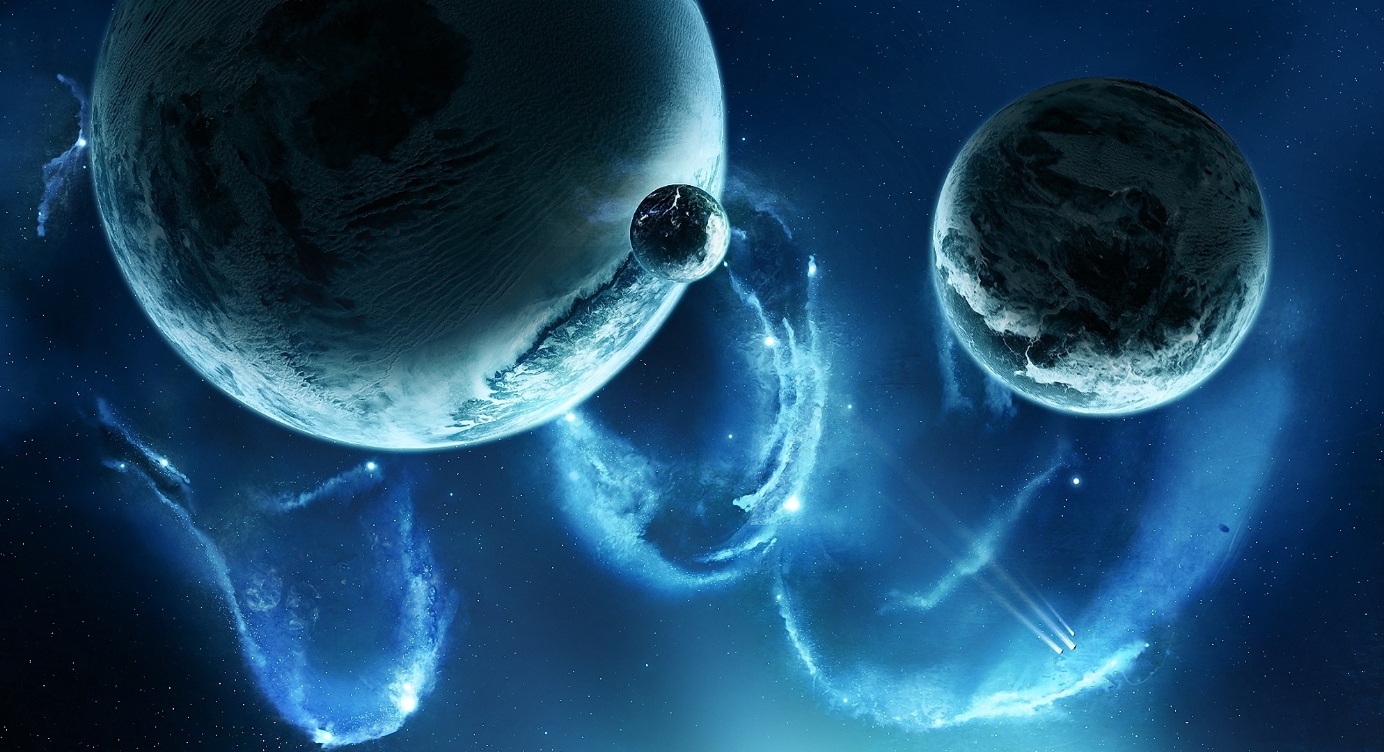 Abstract blue planets and nebulae in space HD Wallpaper
