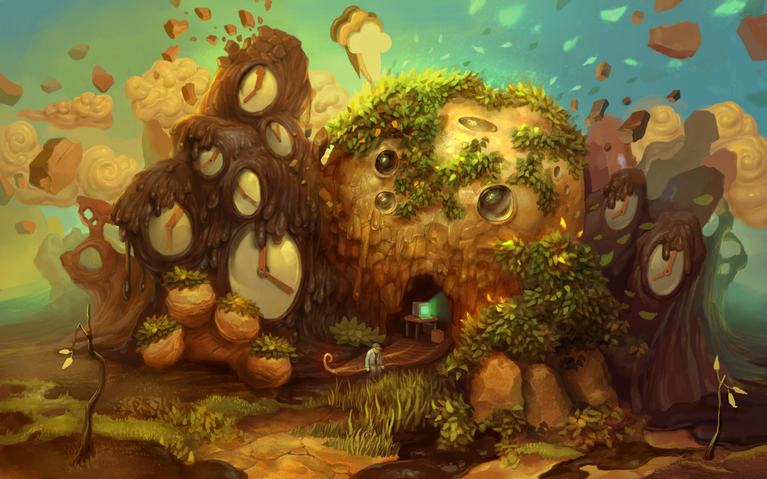 Surreal fantasy landscape with a clock house and floating islands HD Wallpaper