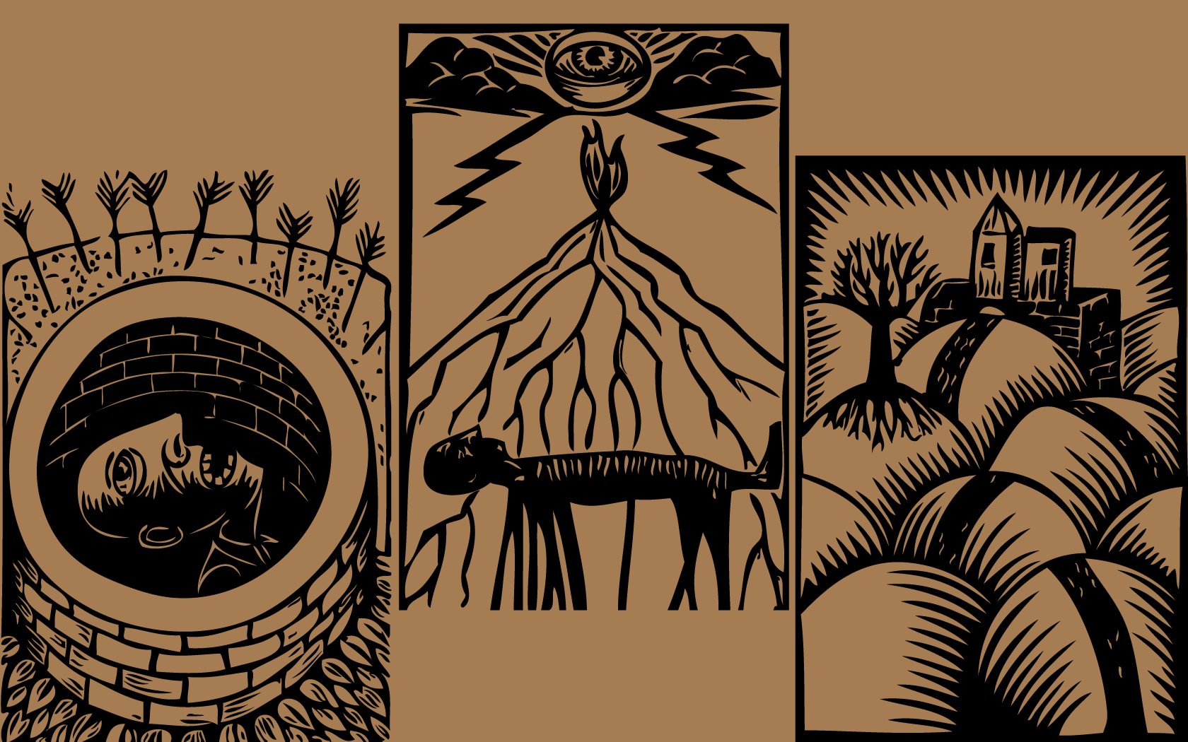Three woodcut-style illustrations with dark themes HD Wallpaper