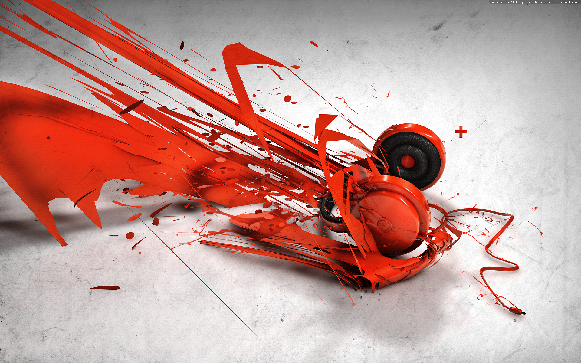Red headphones with abstract red paint splashes HD Wallpaper