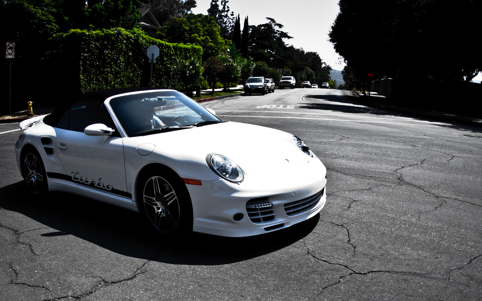 White Porsche Turbo Convertible on a Sunny Day HD Wallpaper