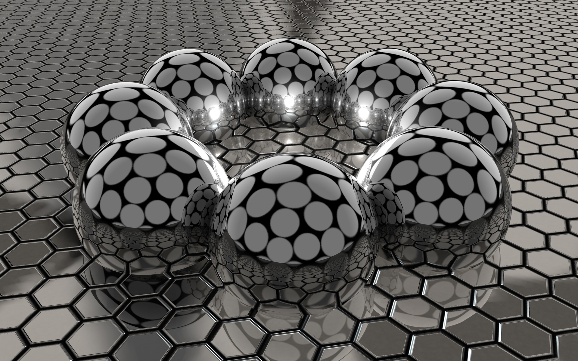 3D spheres with polka dot pattern on hexagonal surface HD Wallpaper