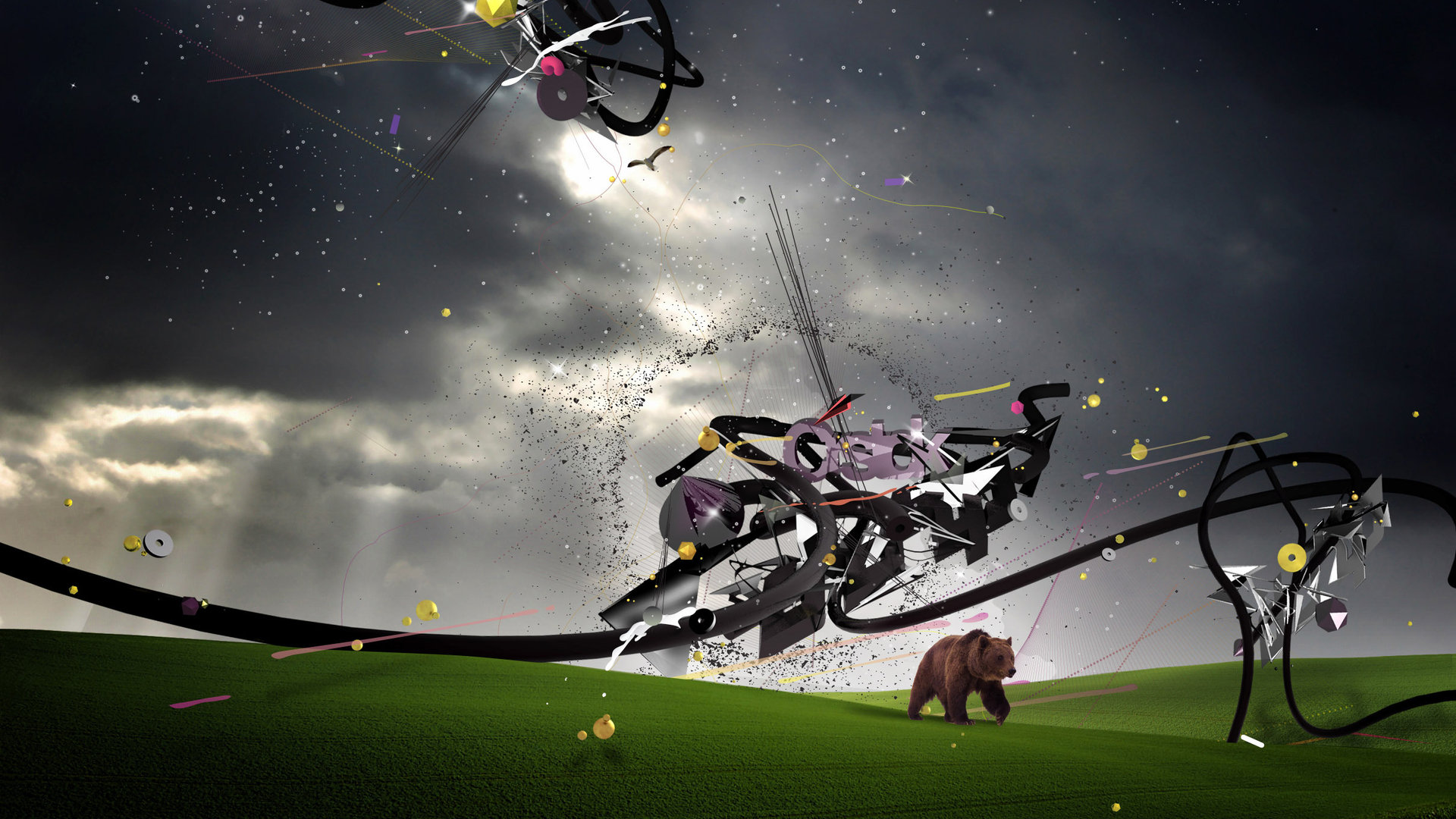 Artistic abstract composition with a bear on a green field HD Wallpaper