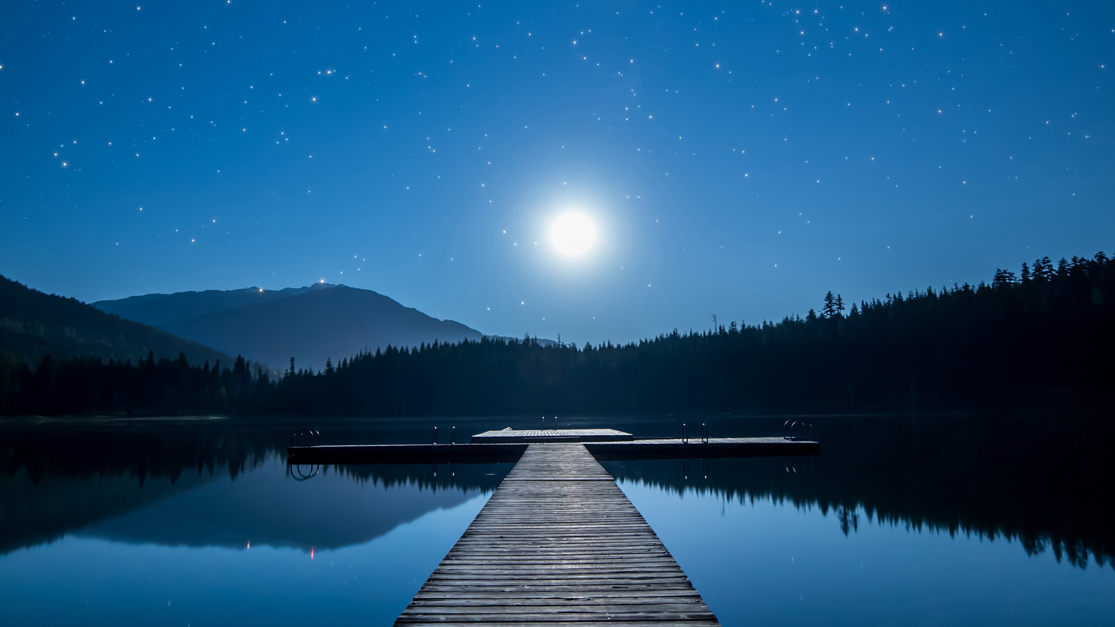 Moonlit Lake with Stars and Dock 4K HD Wallpaper