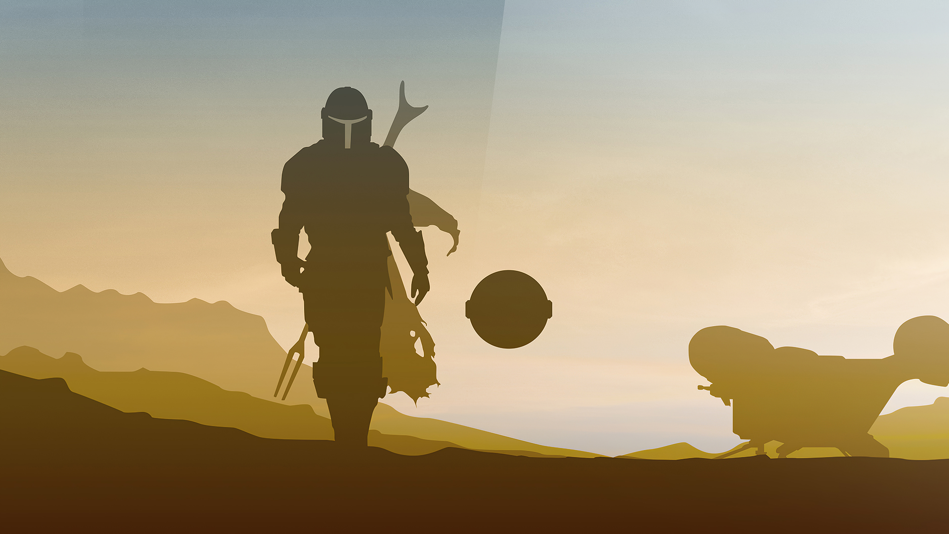 The Mandalorian and Grogu walking in a desert landscape 4K HD Wallpaper