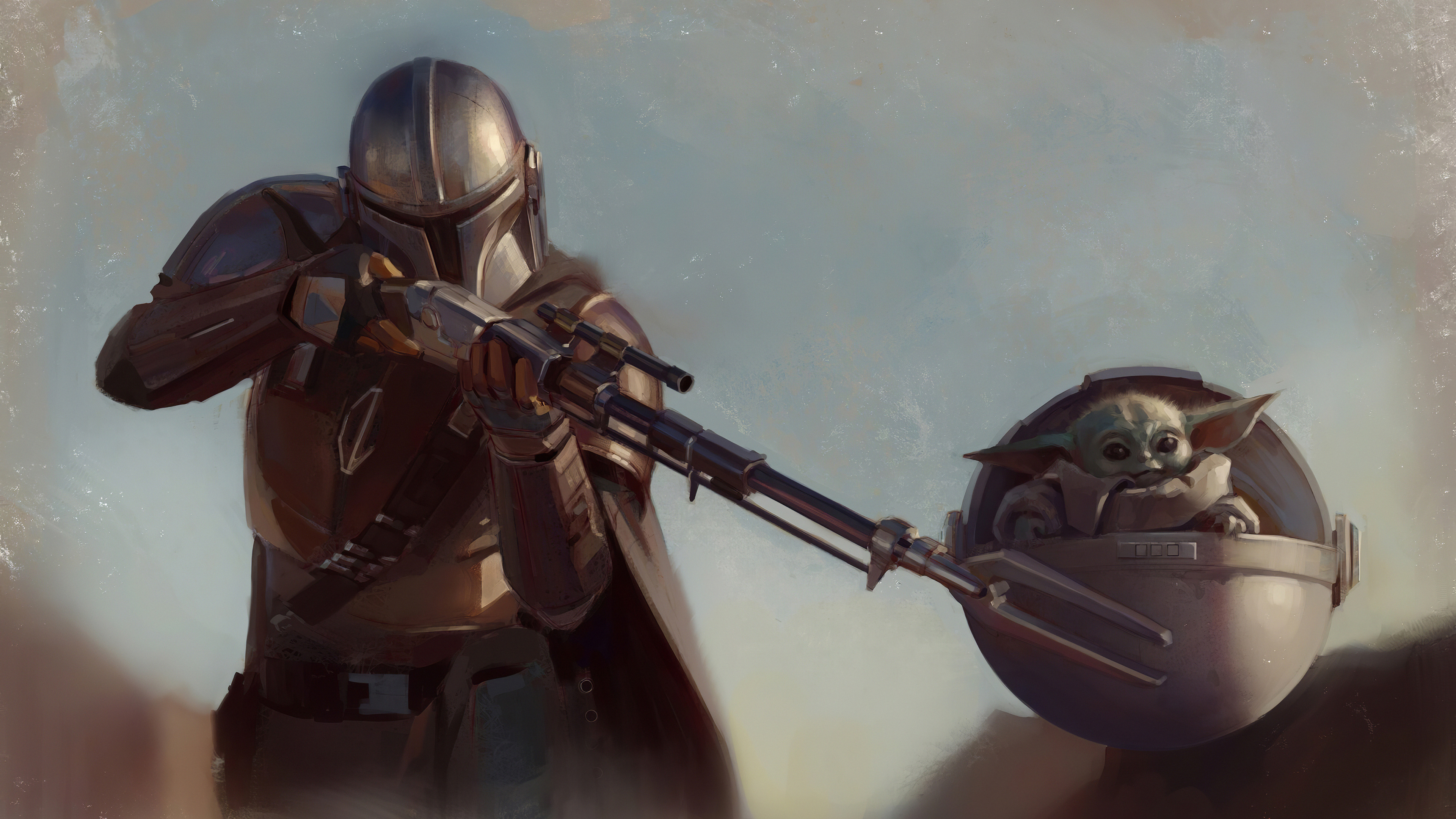 The Mandalorian and Grogu with a rifle HD Wallpaper