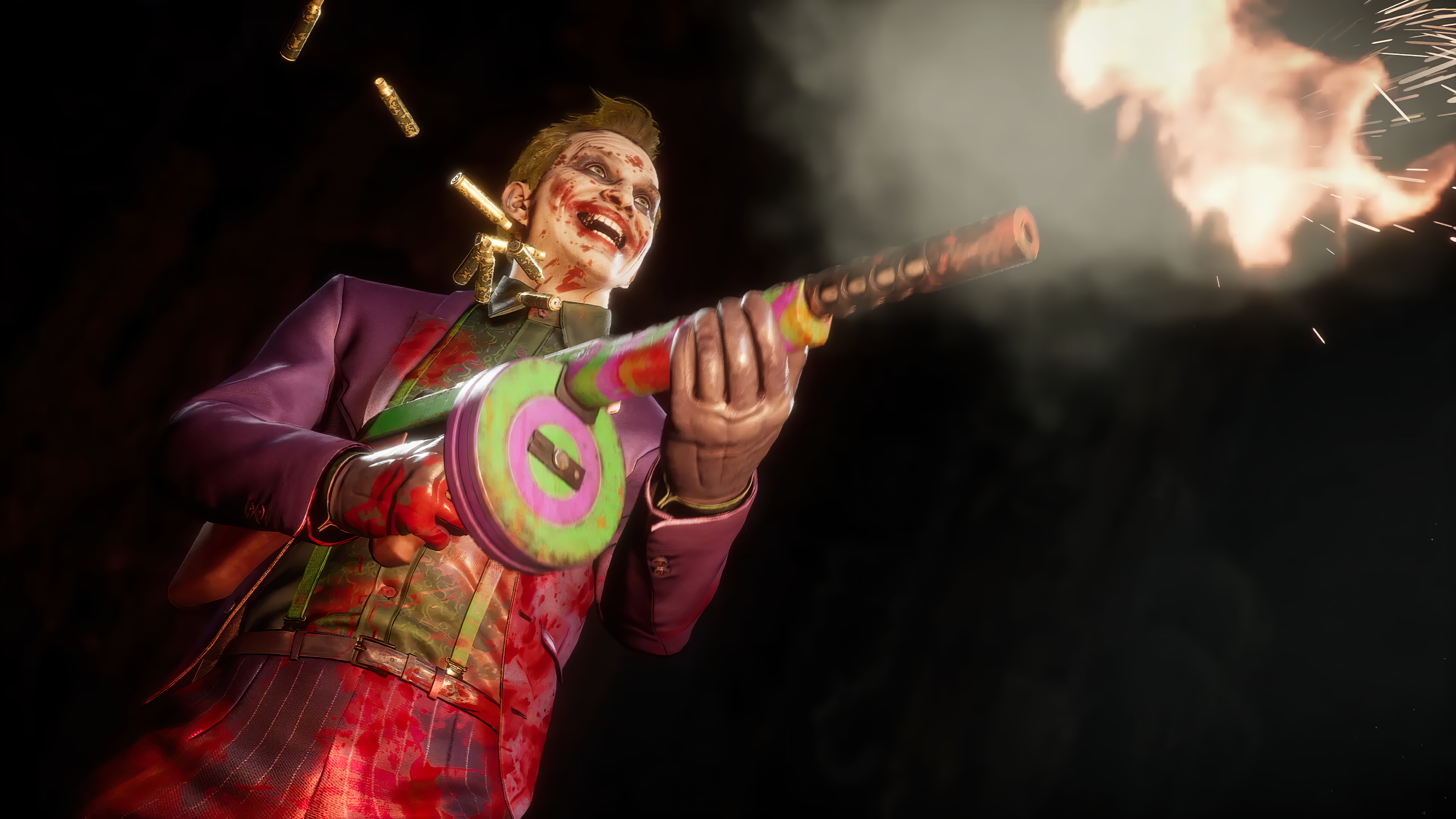 Joker from Mortal Kombat 11 firing a submachine gun HD Wallpaper