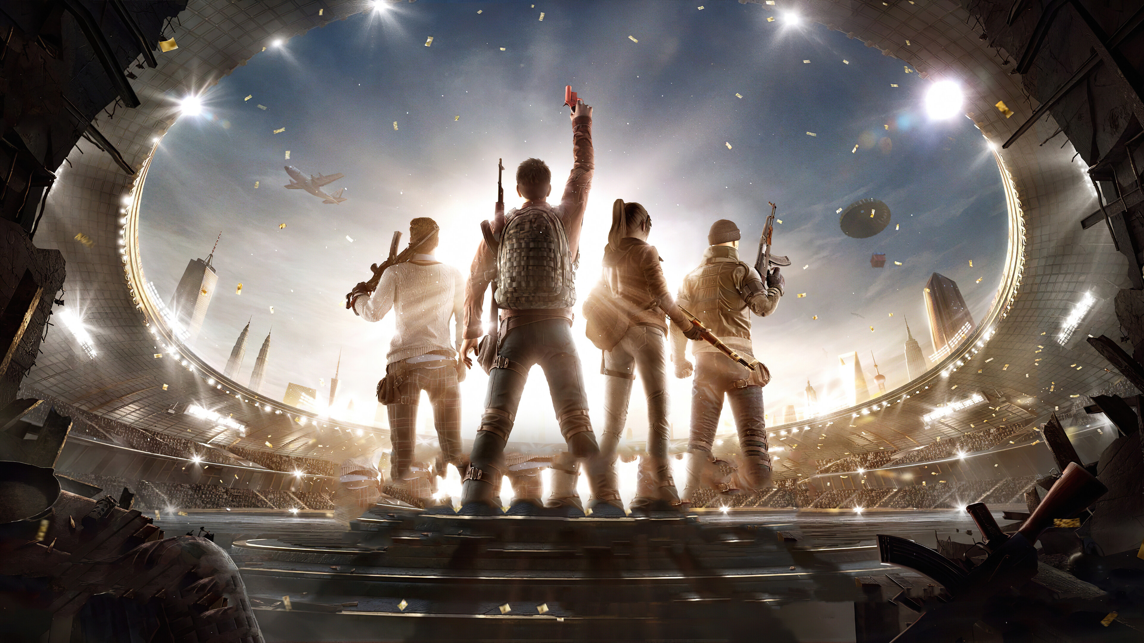 PUBG players in stadium with guns and airplane HD Wallpaper