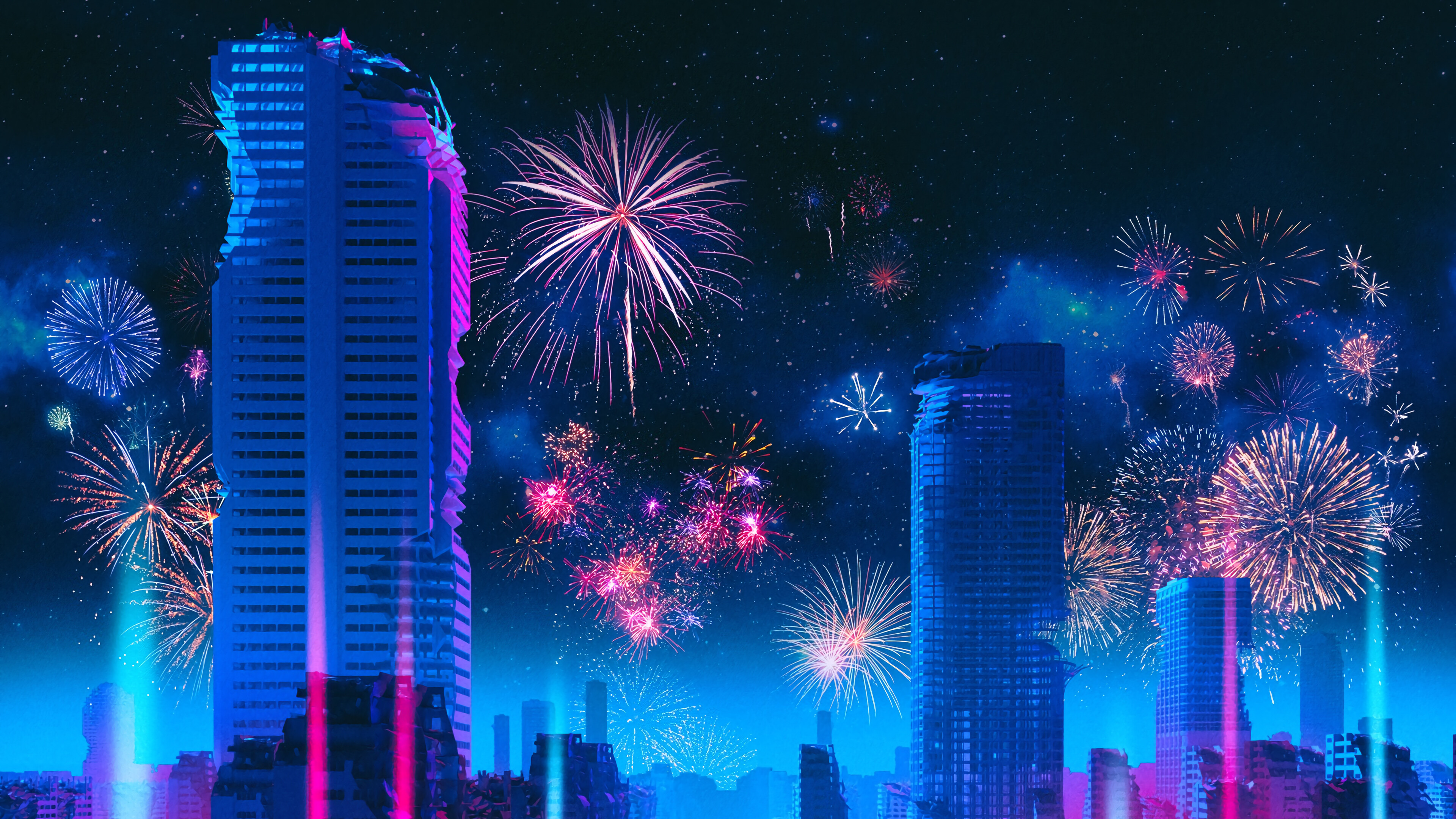 Cityscape with Fireworks and Damaged Buildings 4K HD Wallpaper