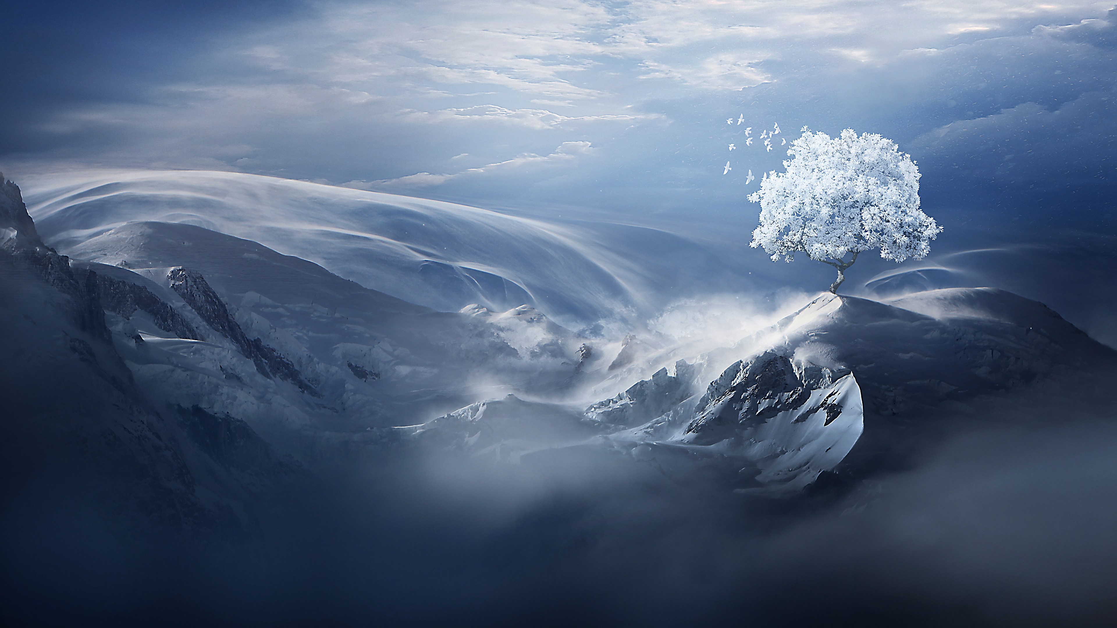 Winter Tree on Snowy Mountain Landscape 4K HD Wallpaper