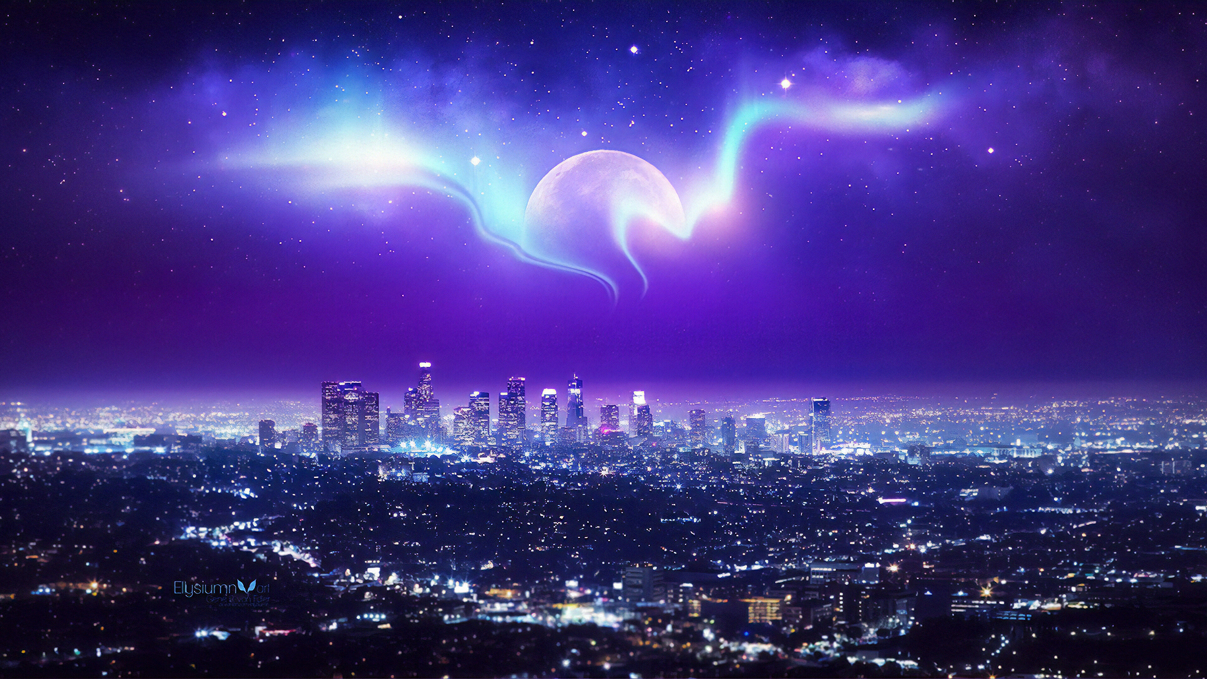 Night, City, Aurora Borealis, Digital Art, 4K HD Wallpaper