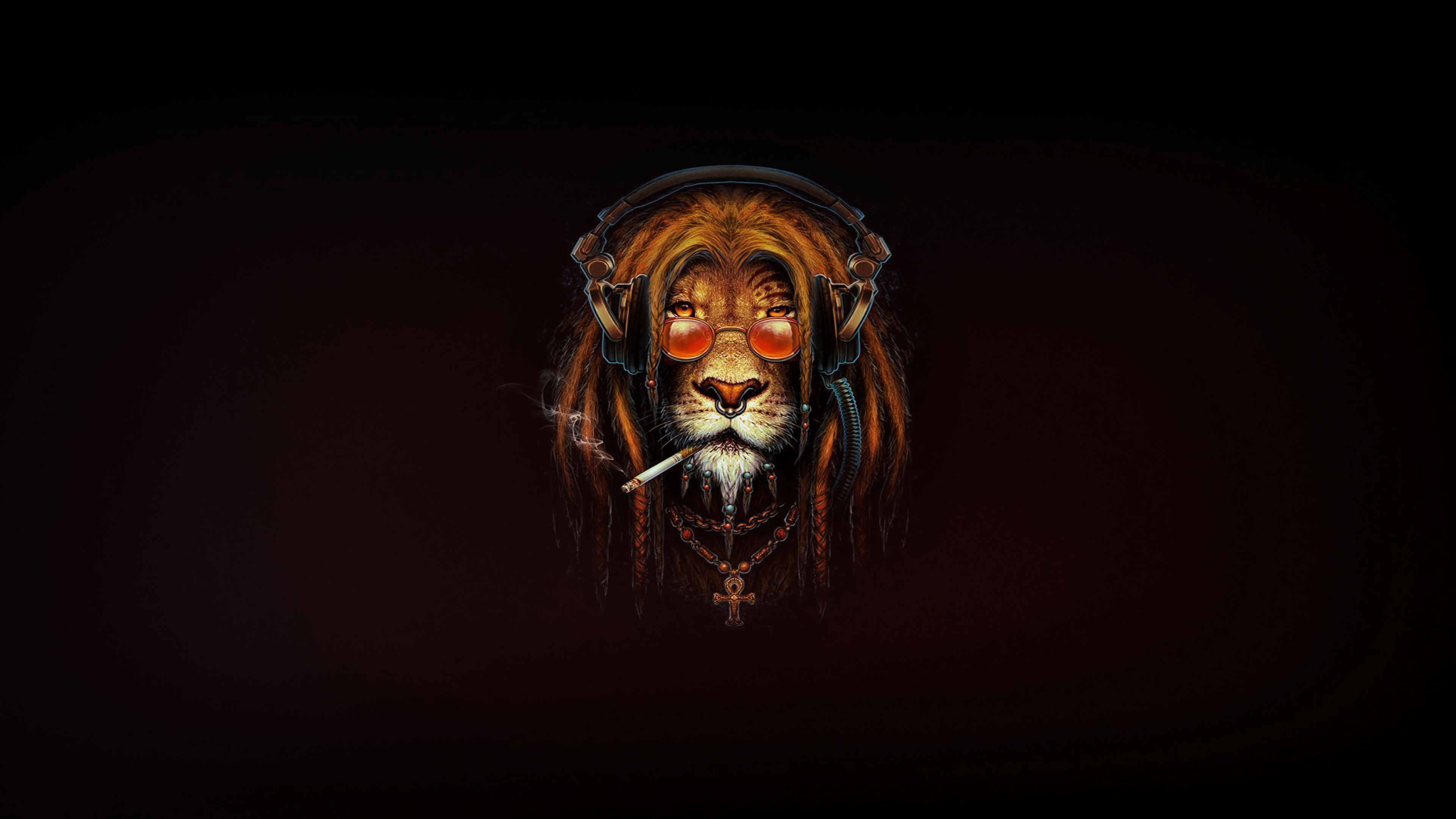 Lion wearing headphones and glasses, smoking a cigarette HD Wallpaper