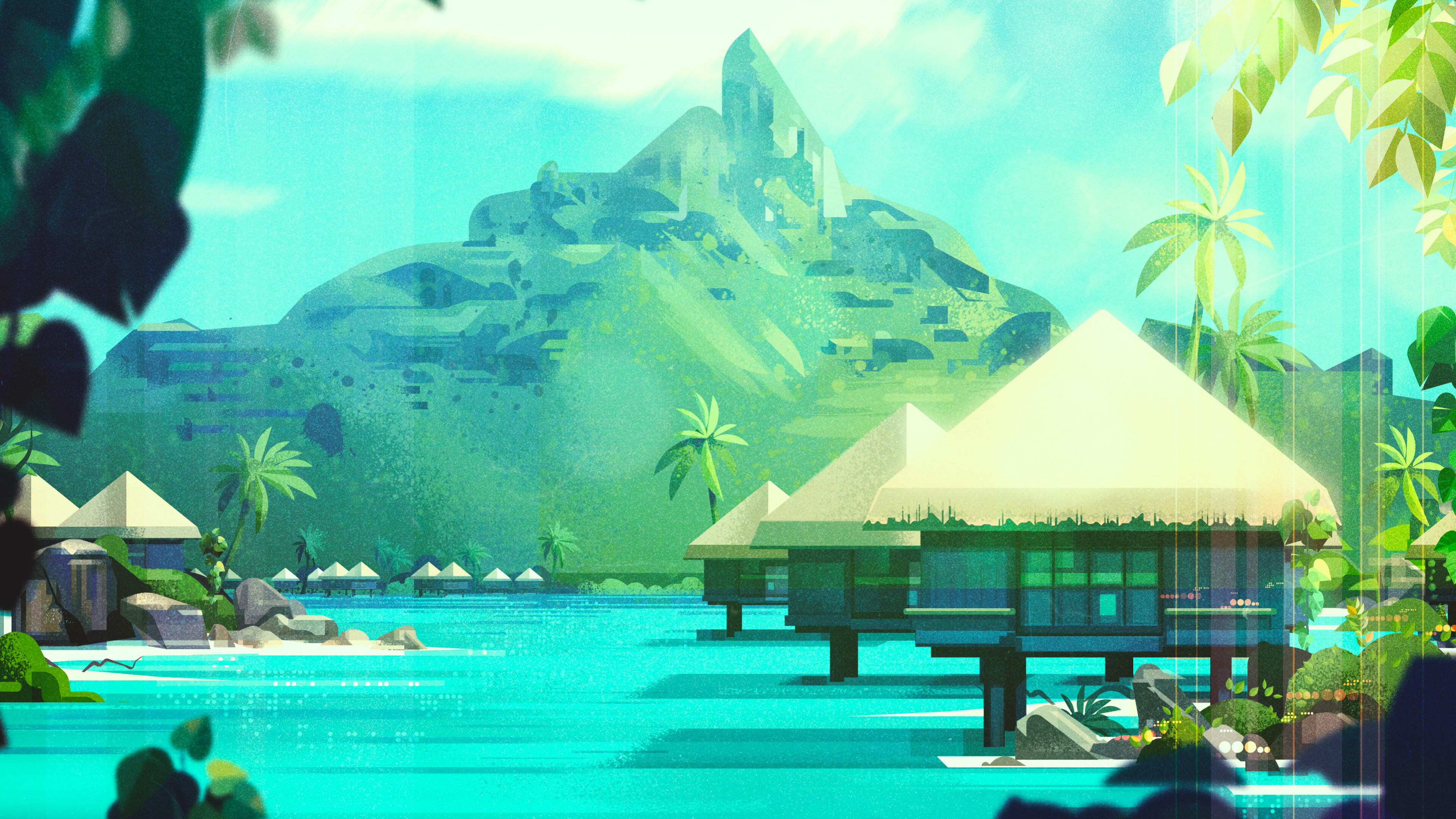 Island scenery with overwater bungalows and mountains HD Wallpaper