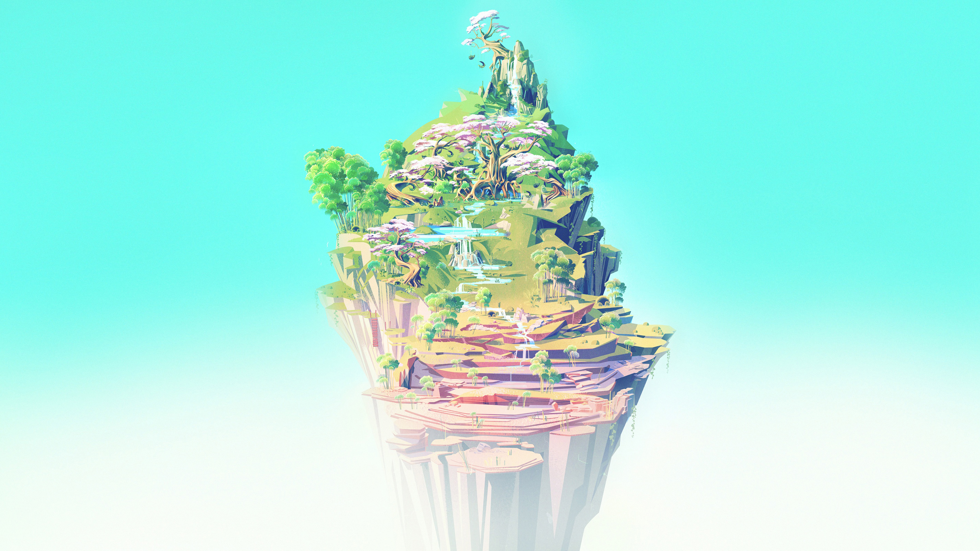 Fantasy floating island with waterfalls and trees HD Wallpaper