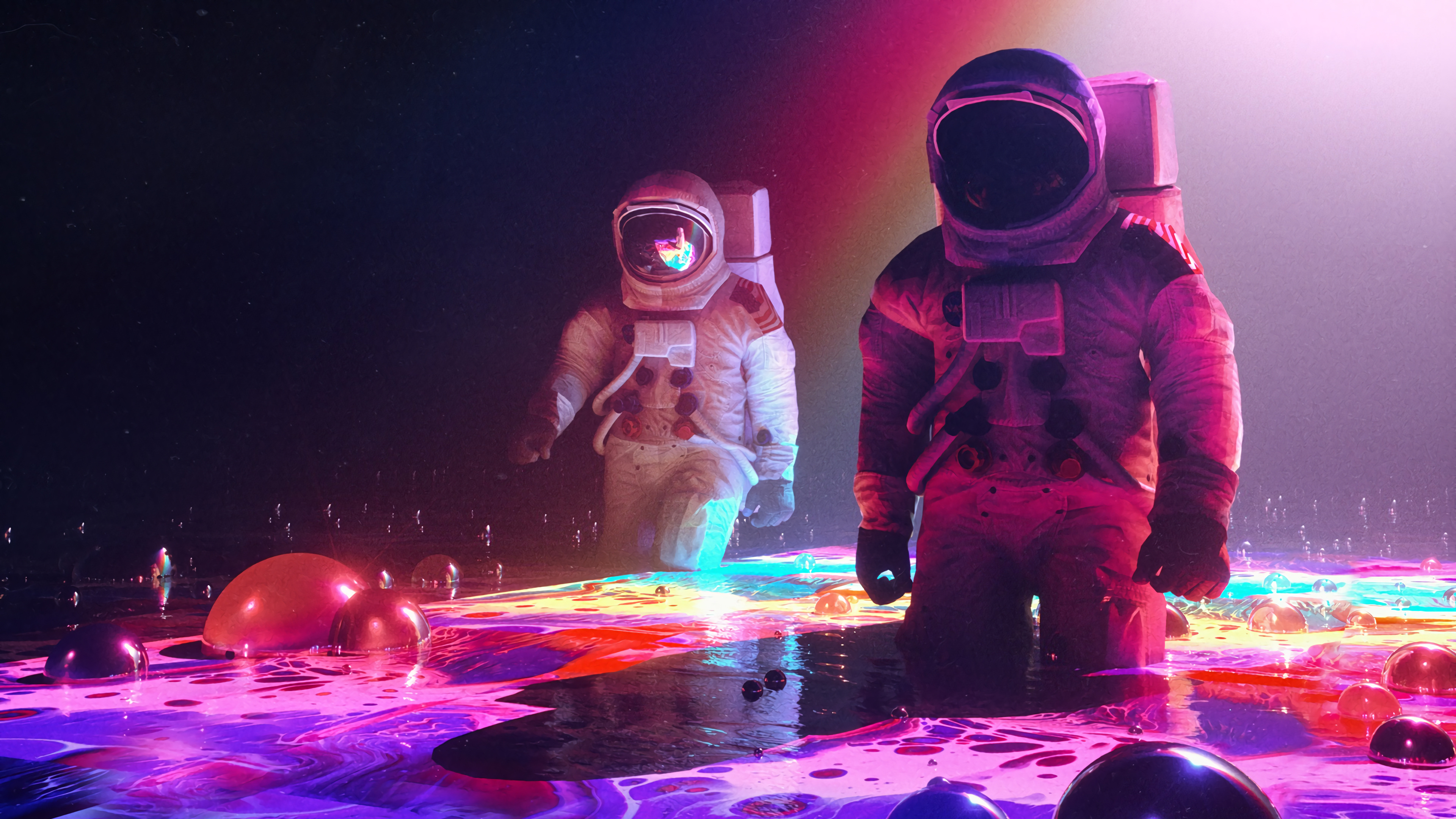 Astronauts in a colorful, liquid-like environment HD Wallpaper