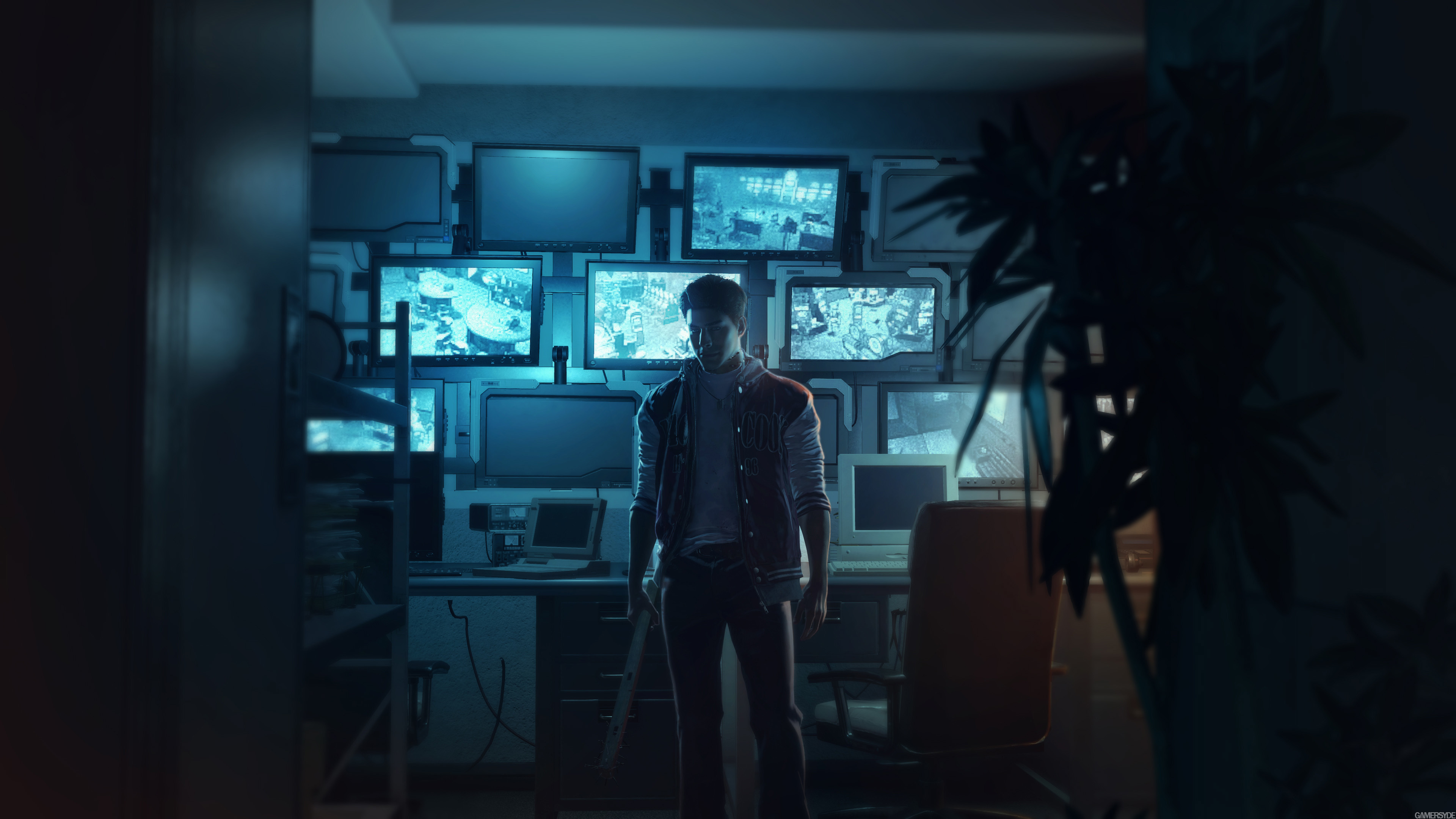 Man in front of security monitors in Resident Evil Project Resistance 4K HD Wallpaper