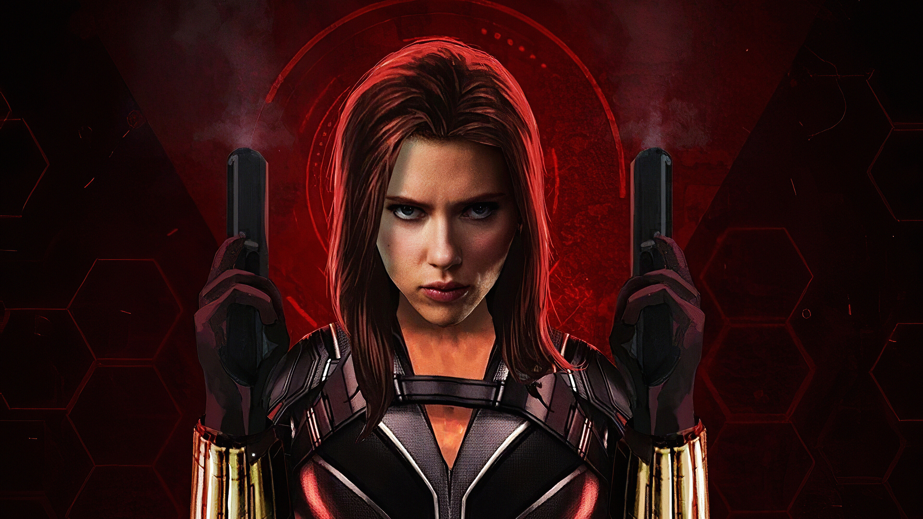 Black Widow from Marvel holding guns 4K HD Wallpaper