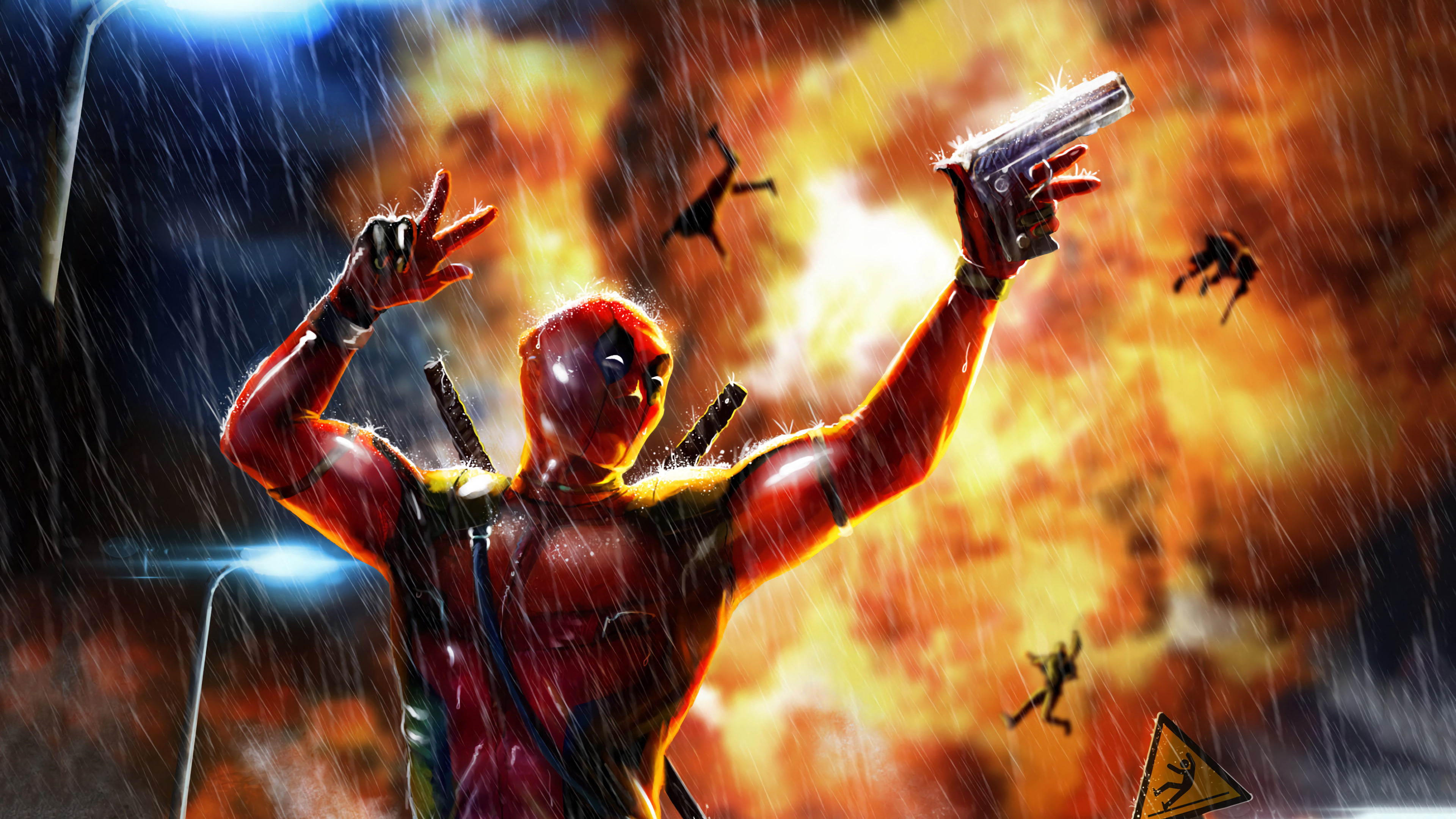Deadpool with Gun in Explosion 4K HD Wallpaper
