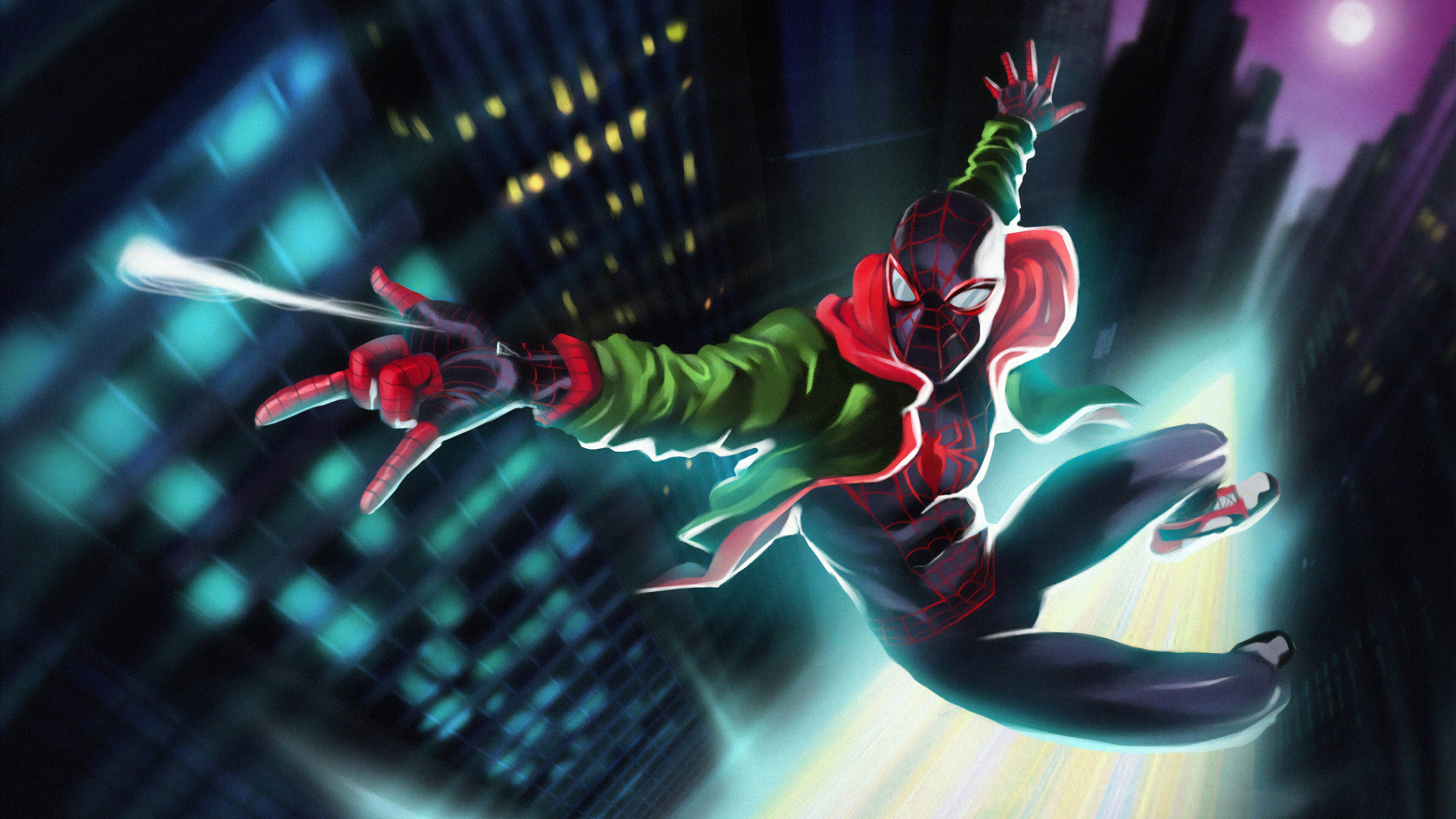 Miles Morales from Spider-Man swinging through city 4K HD Wallpaper