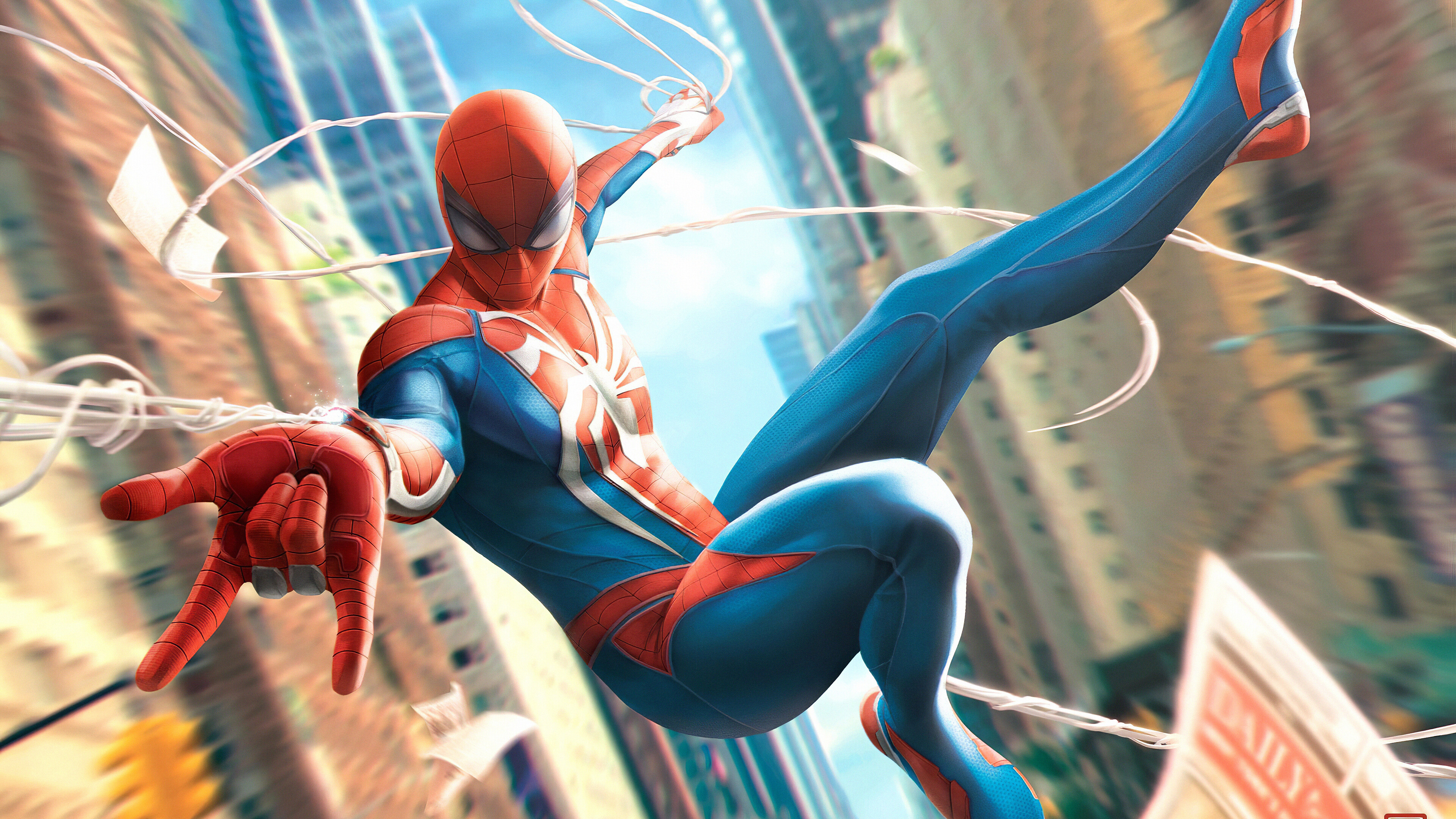 Spider-Man swinging through a city in 4K HD Wallpaper