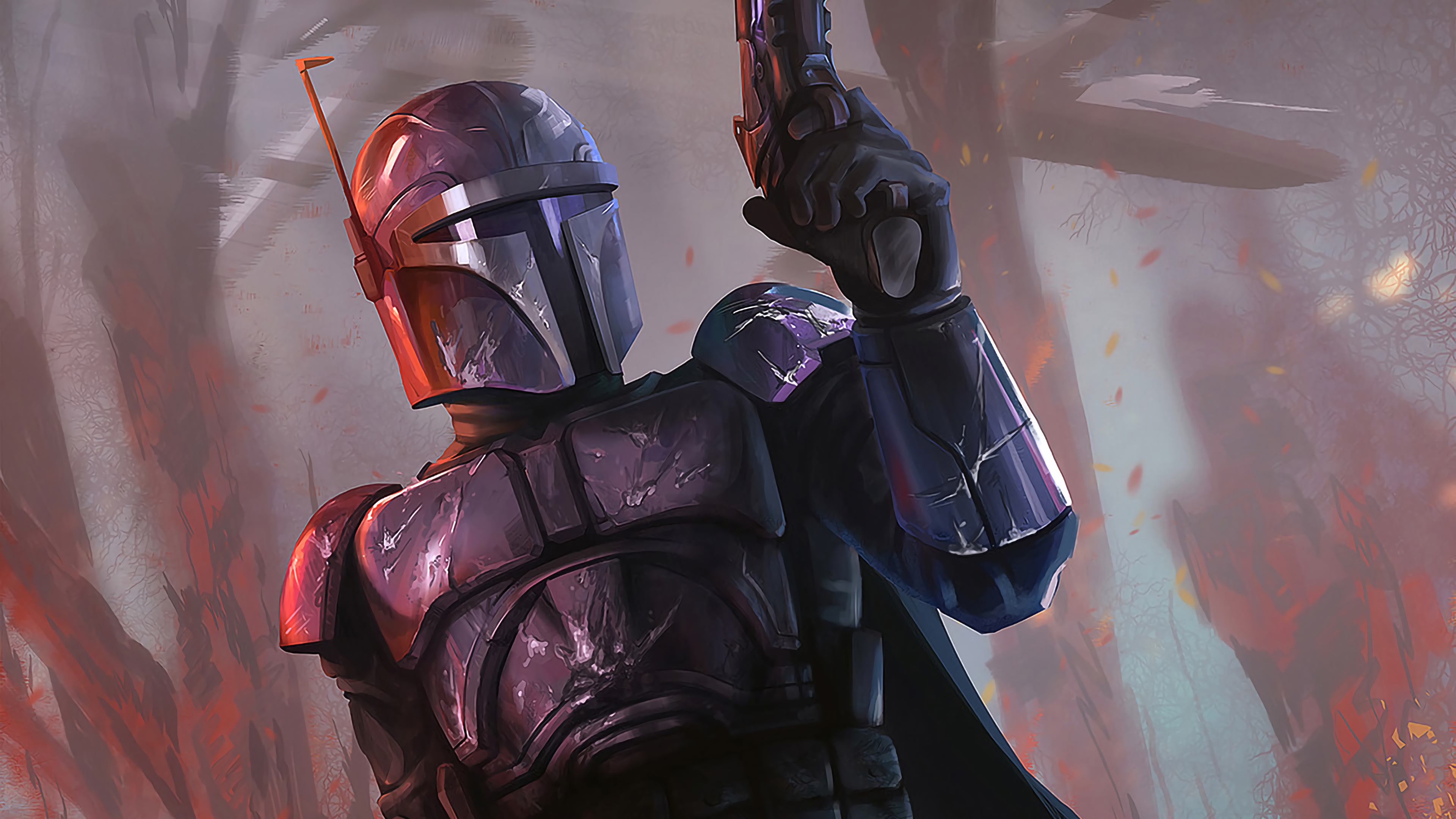 Mandalorian in a forest setting HD Wallpaper