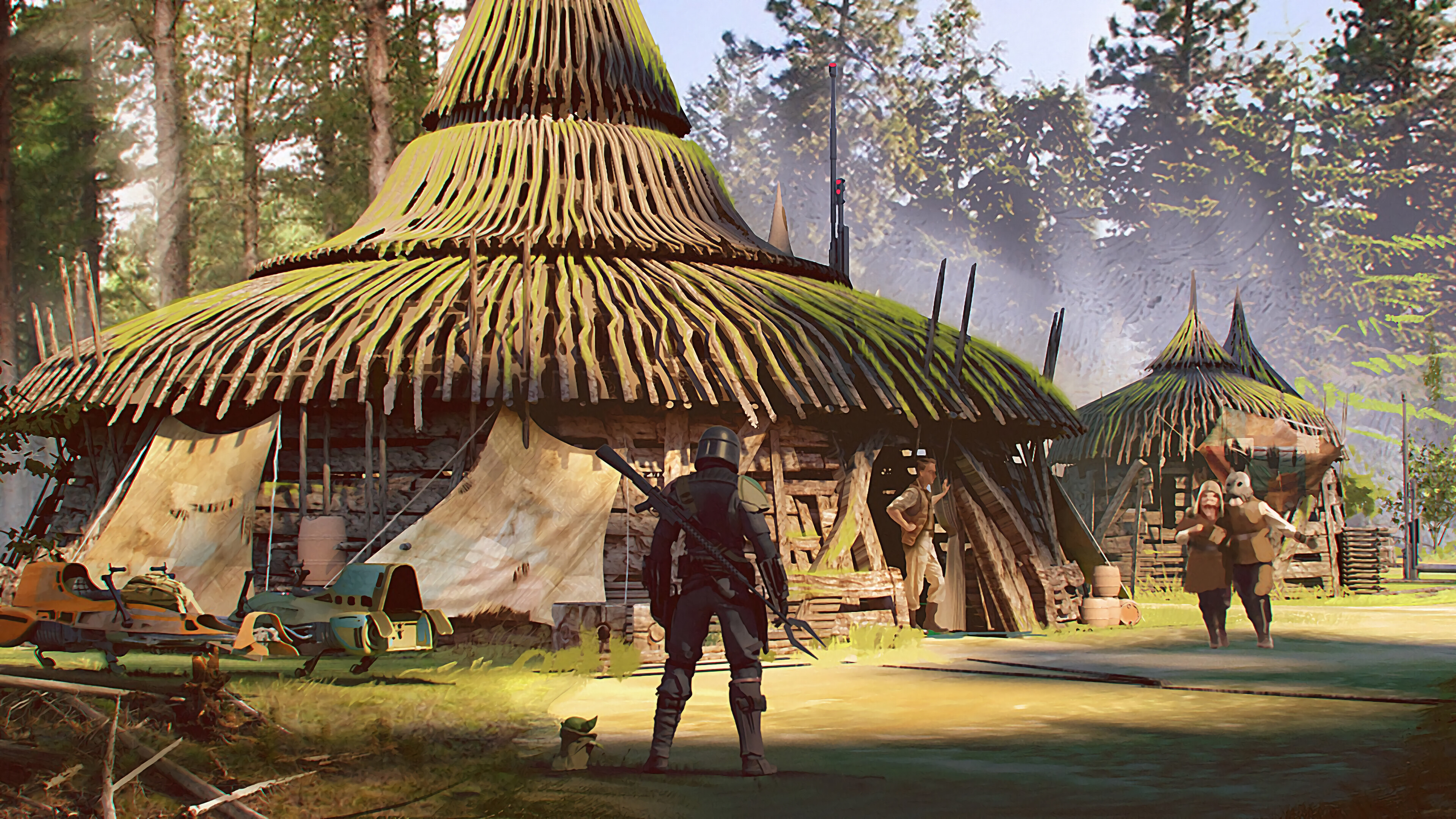 The Mandalorian and Grogu in a forest village HD Wallpaper