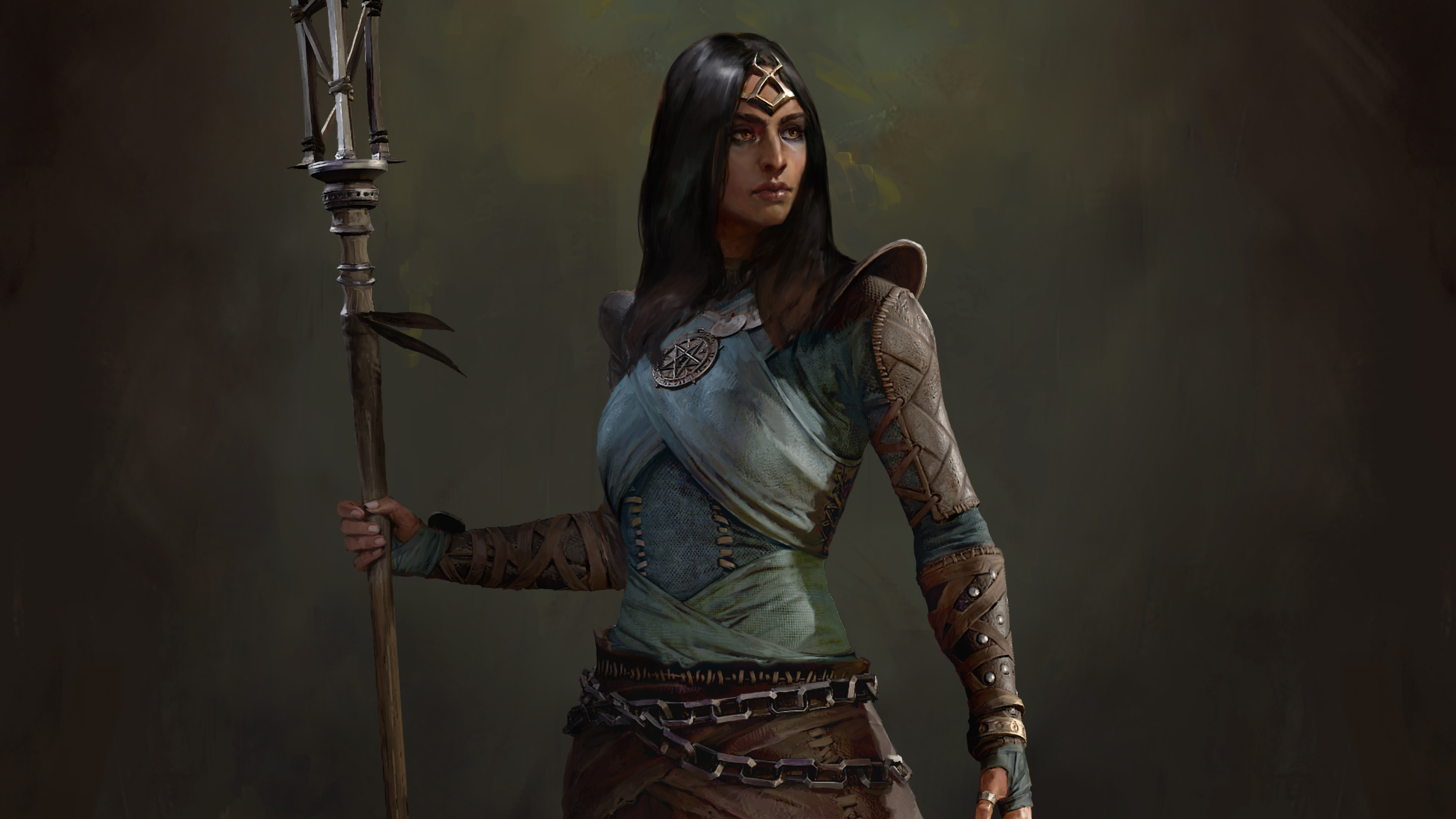 Woman with staff and ornate armor HD Wallpaper