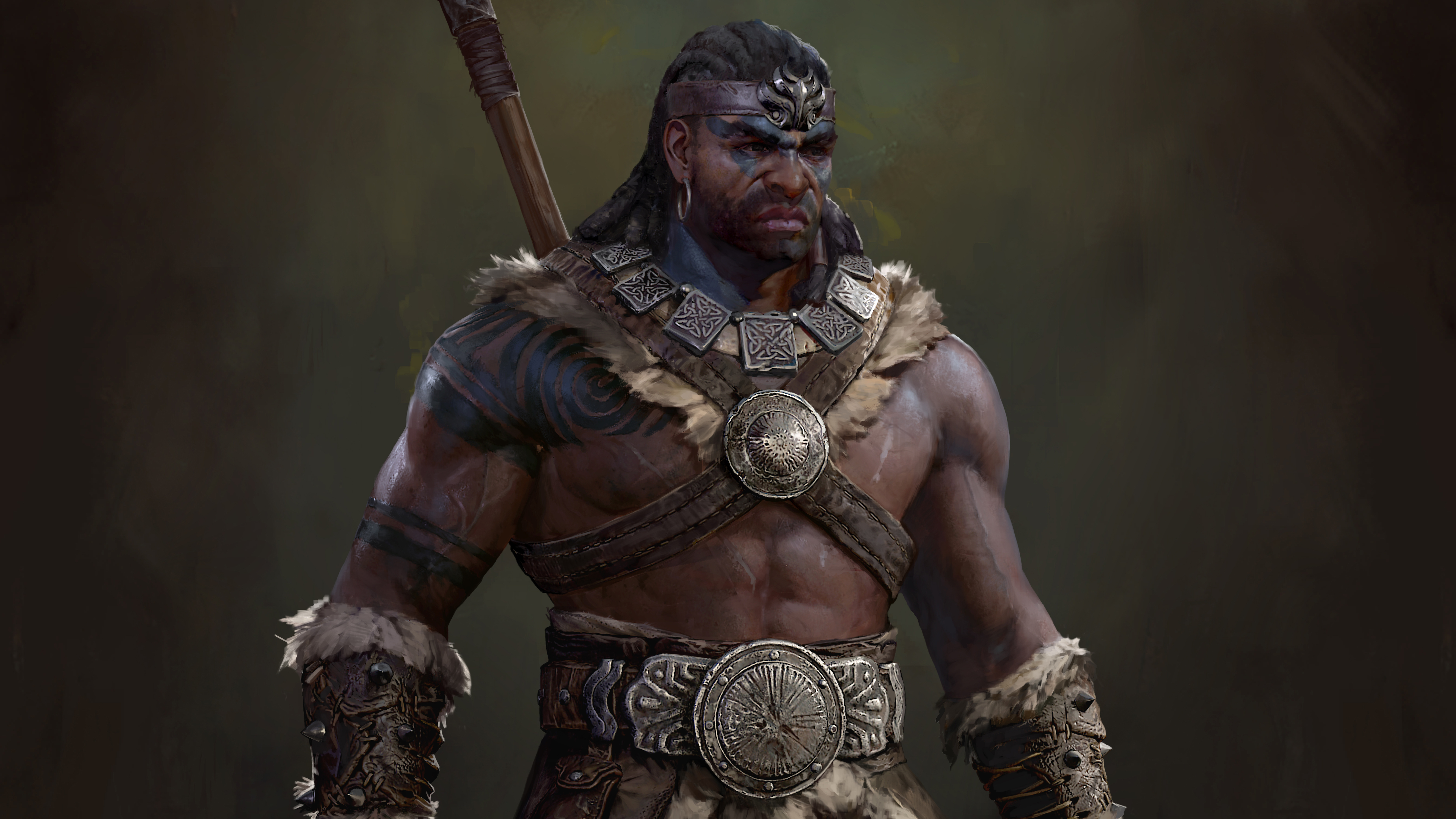 Barbarian warrior with tribal markings and fur armor HD Wallpaper