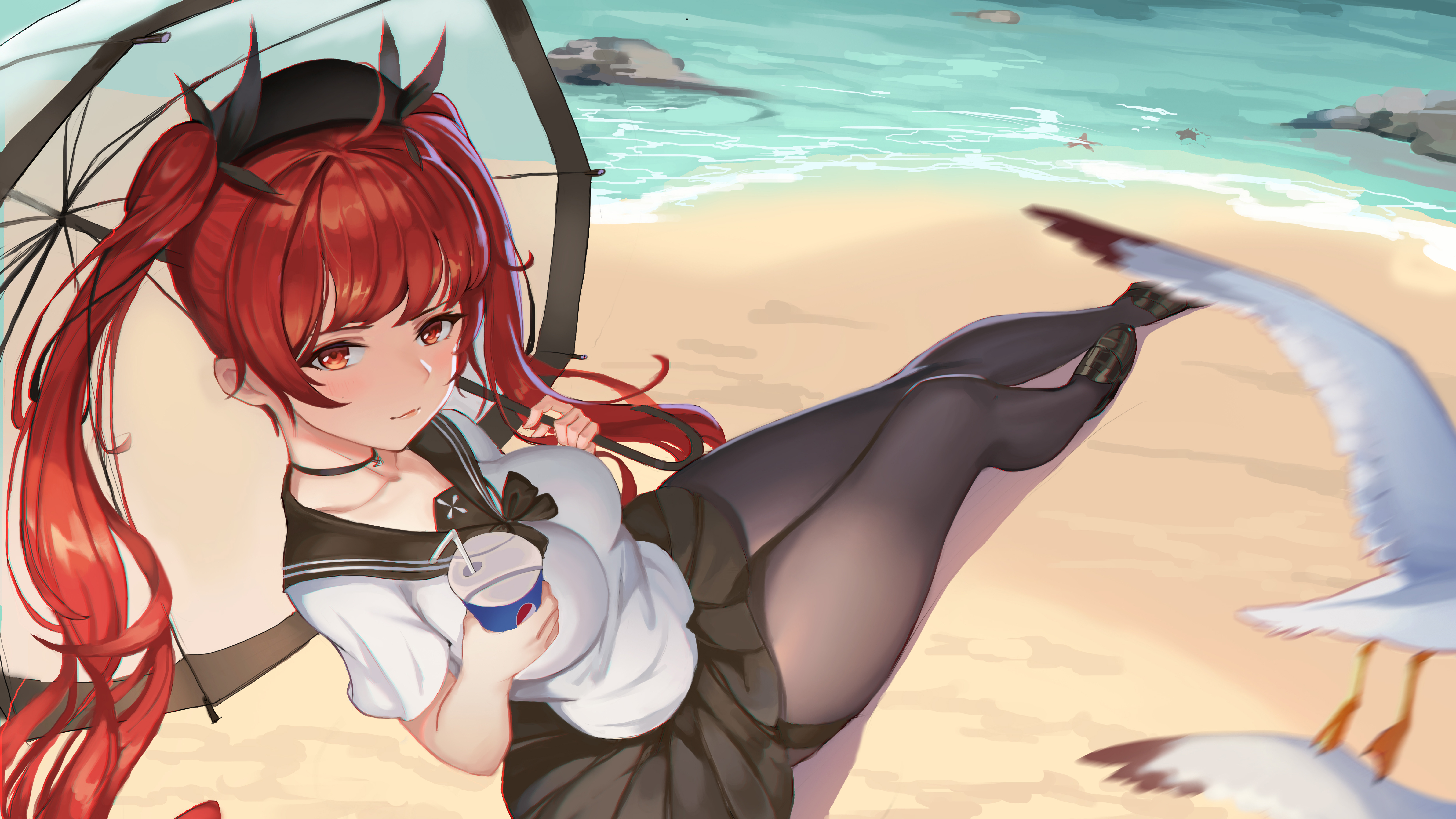 Girl with red hair holding a drink on the beach HD Wallpaper