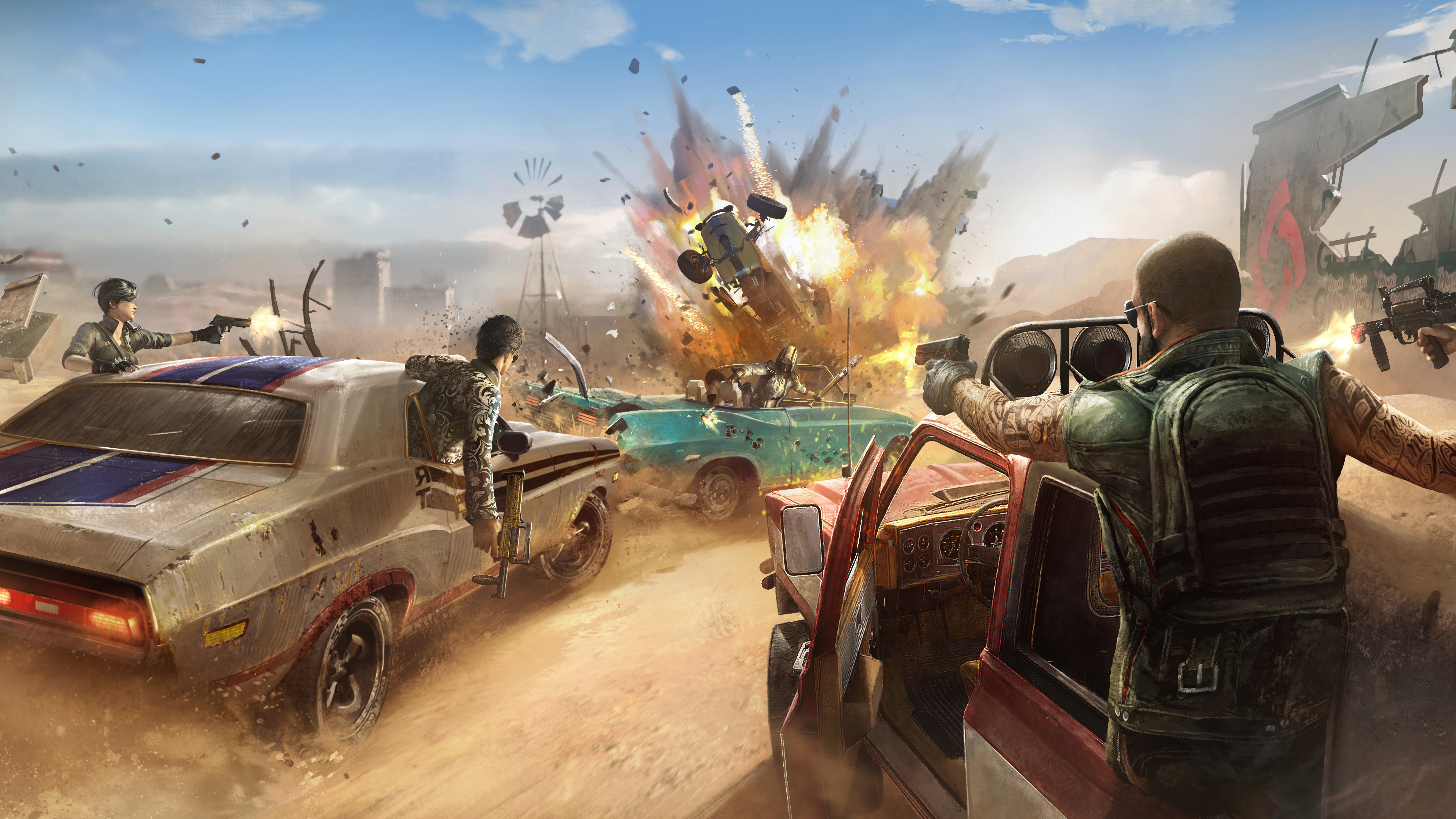 Post-apocalyptic car combat with explosions HD Wallpaper