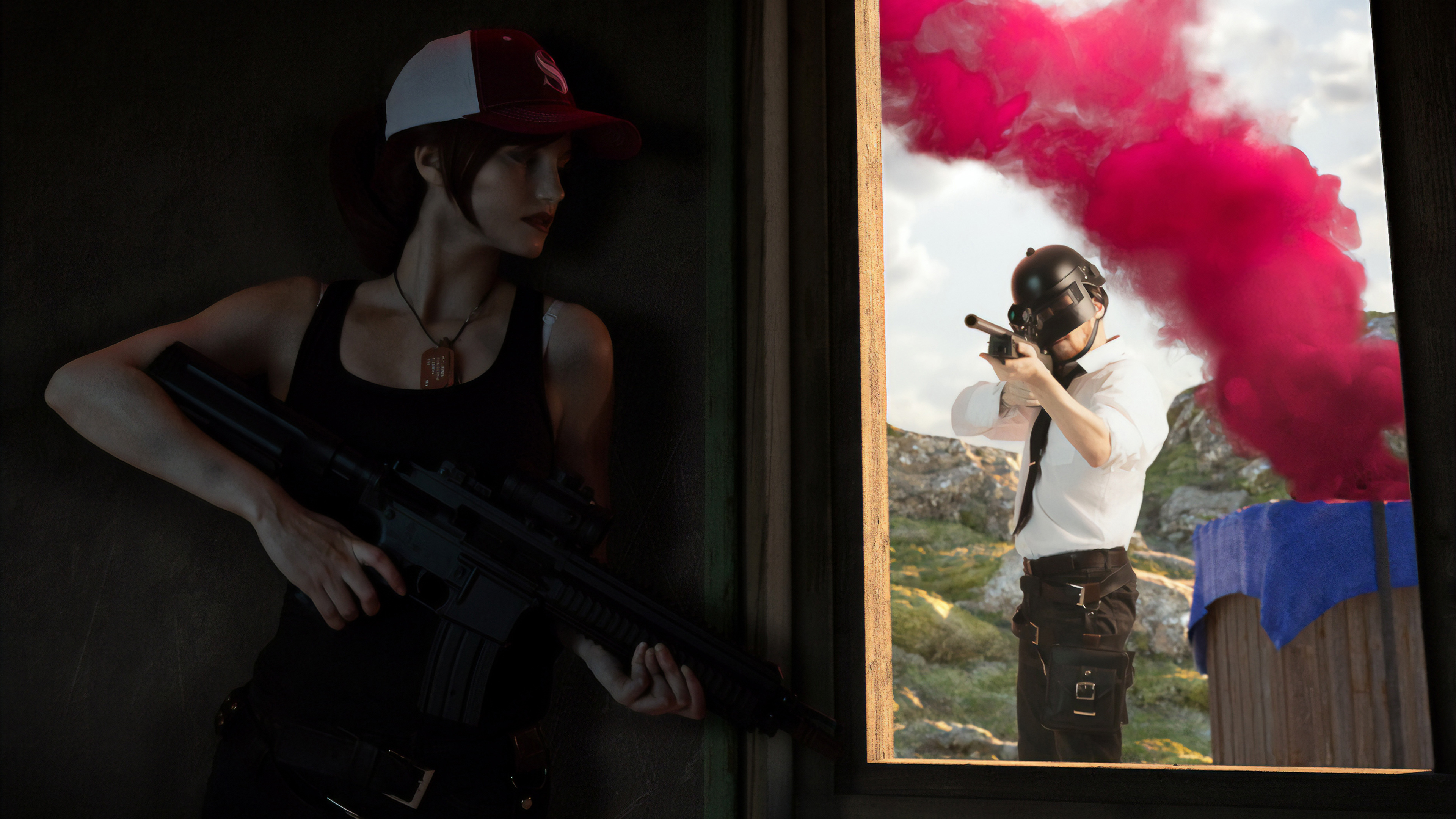 PUBG characters with guns and smoke grenade HD Wallpaper