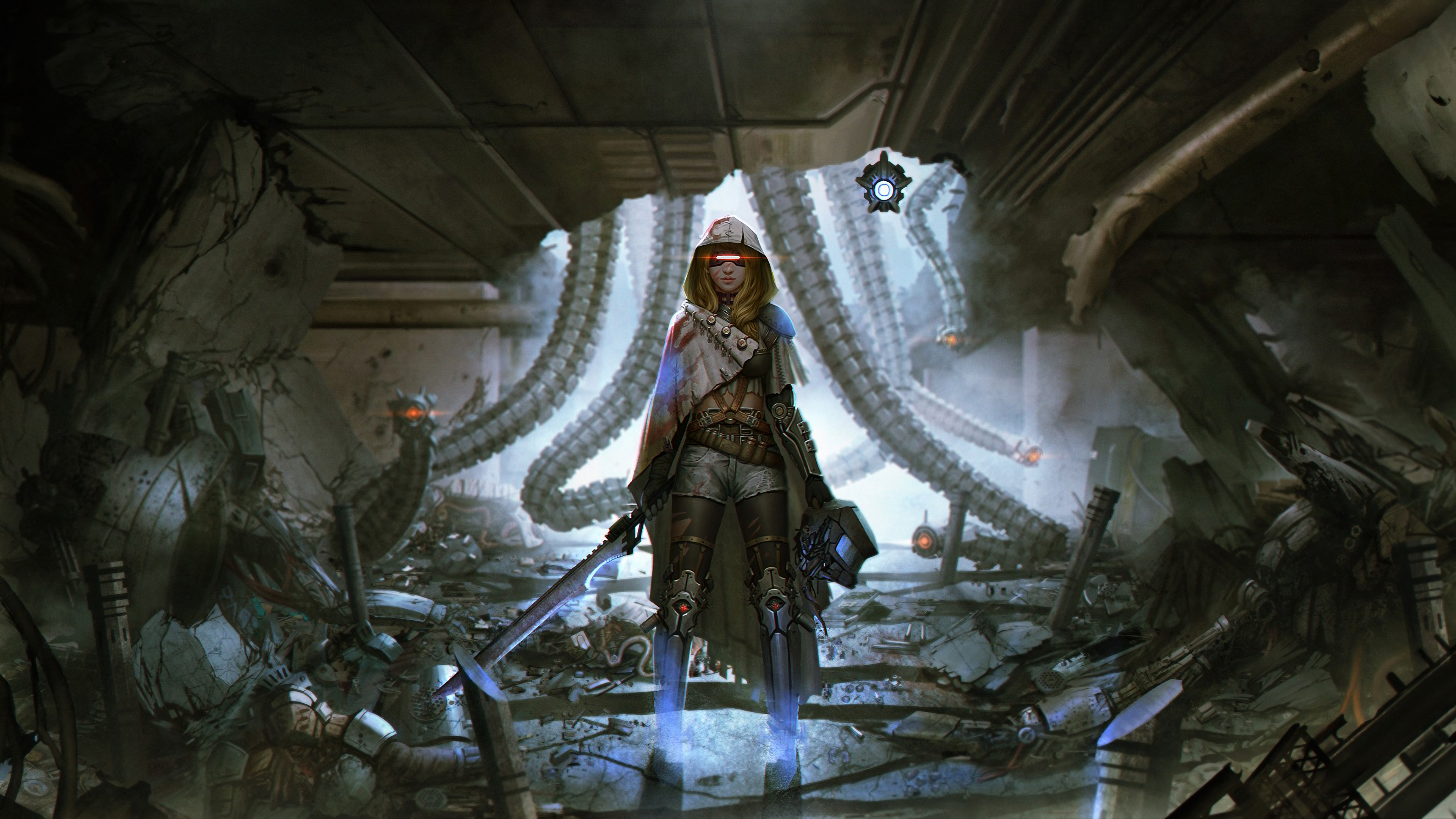 Sci-Fi Girl Warrior in Ruined Industrial Setting 4K HD Wallpaper