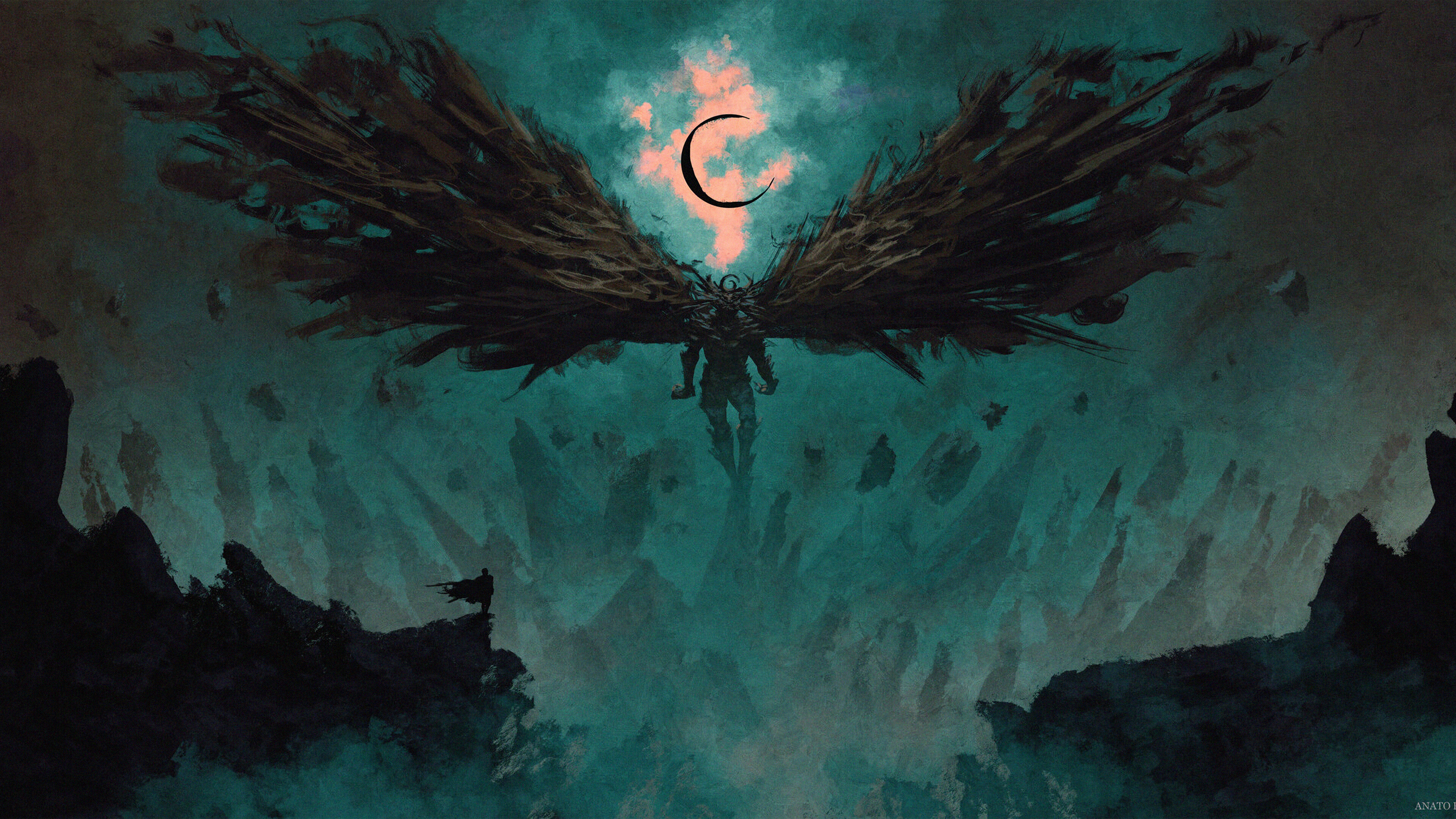 Dark Warrior with Wings and Crescent Moon 4K HD Wallpaper