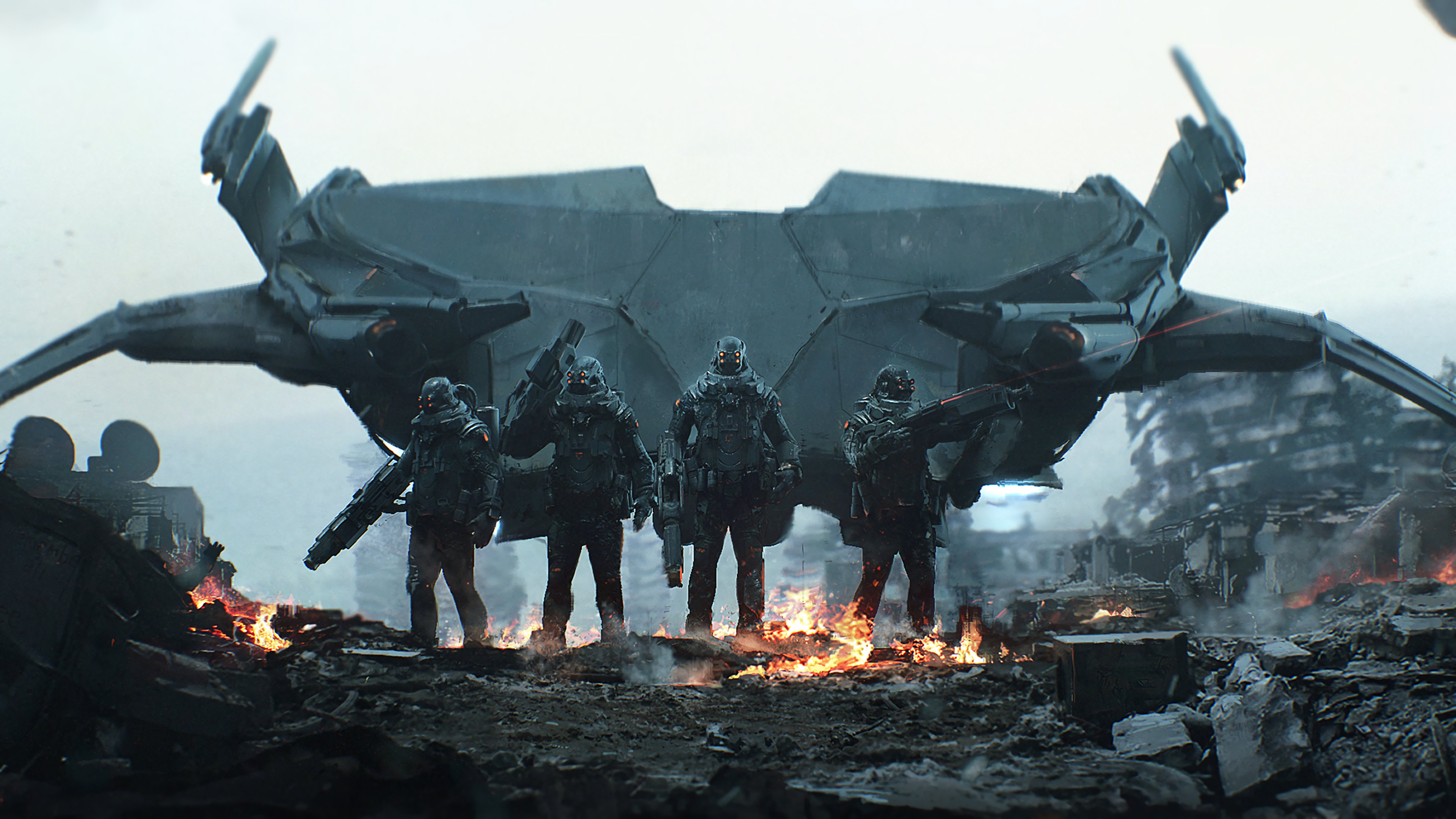 Sci-Fi Soldiers in a Ruined Landscape with Aircraft HD Wallpaper