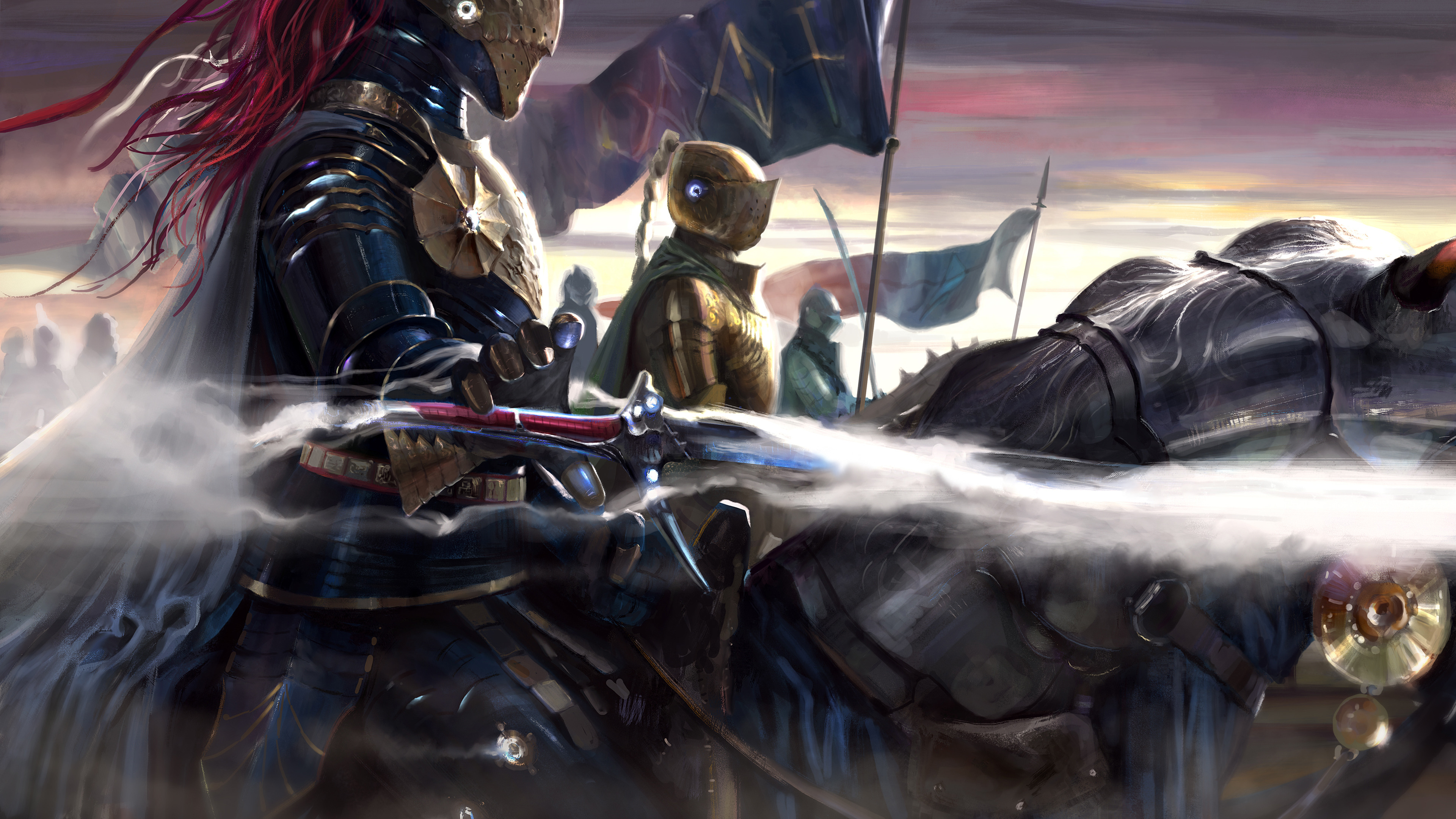 Knights in Armor on Horseback with Flags HD Wallpaper