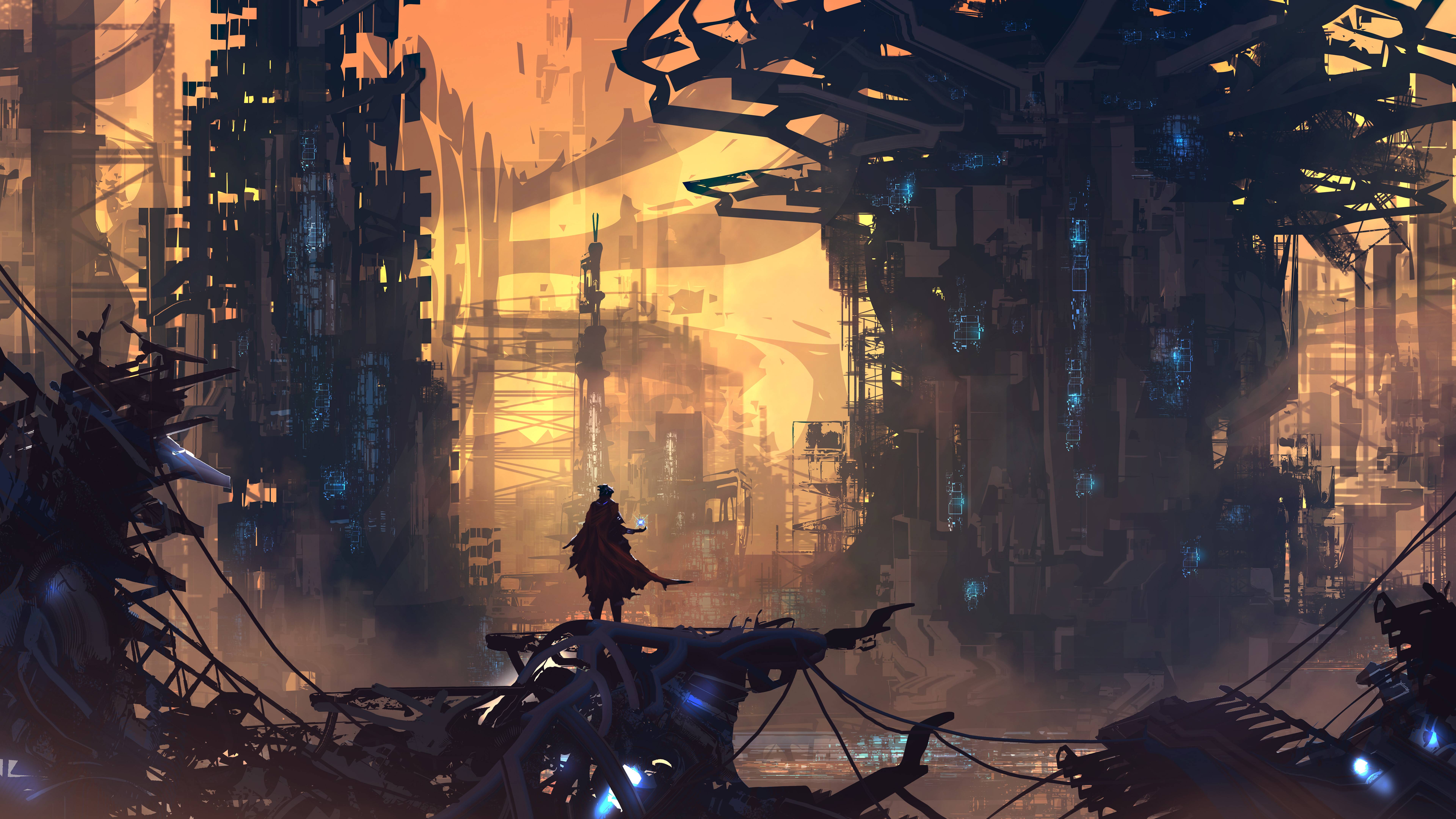 Figure in a futuristic city at sunset HD Wallpaper