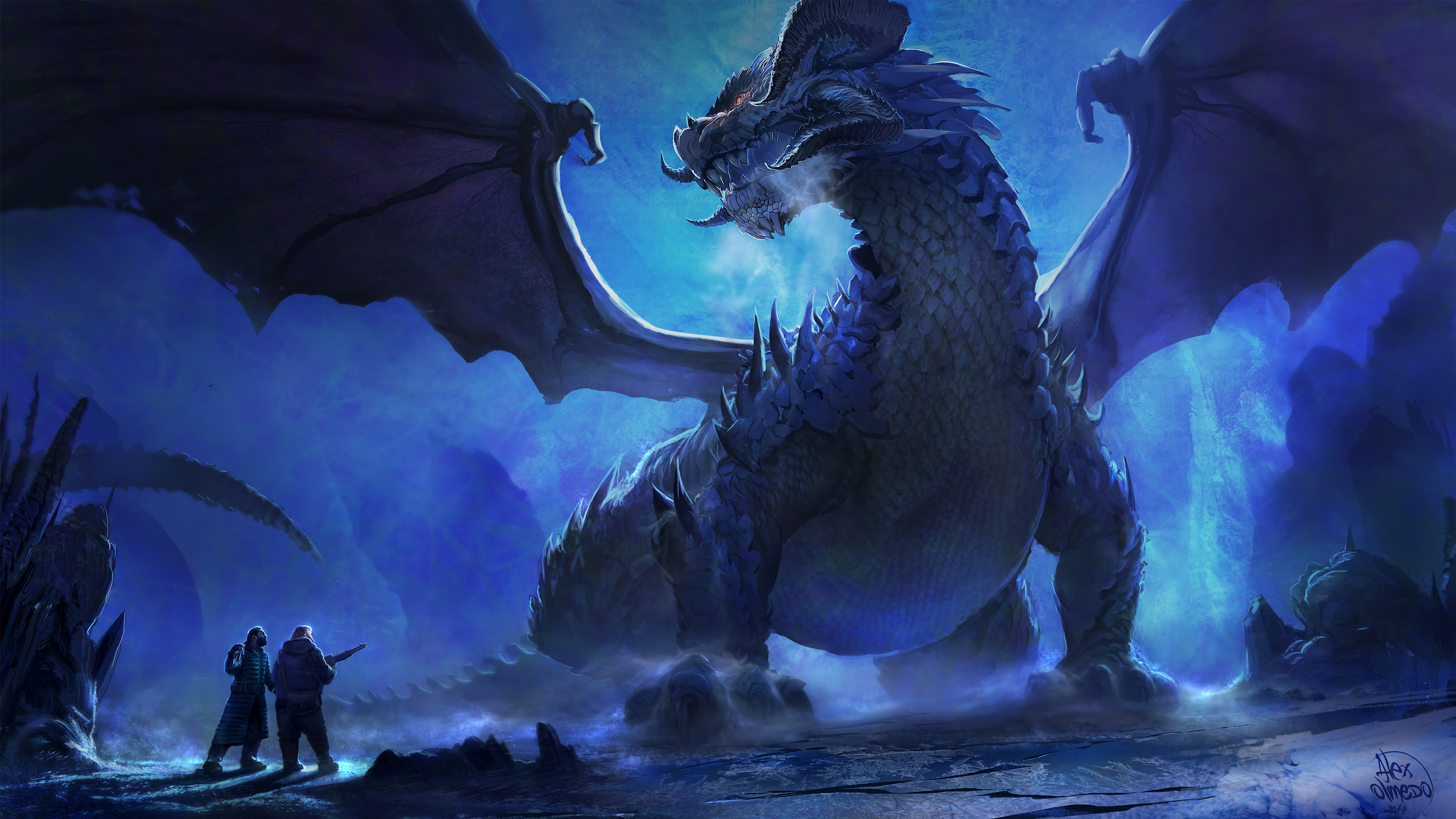 Dragon in a cave with two hunters HD Wallpaper