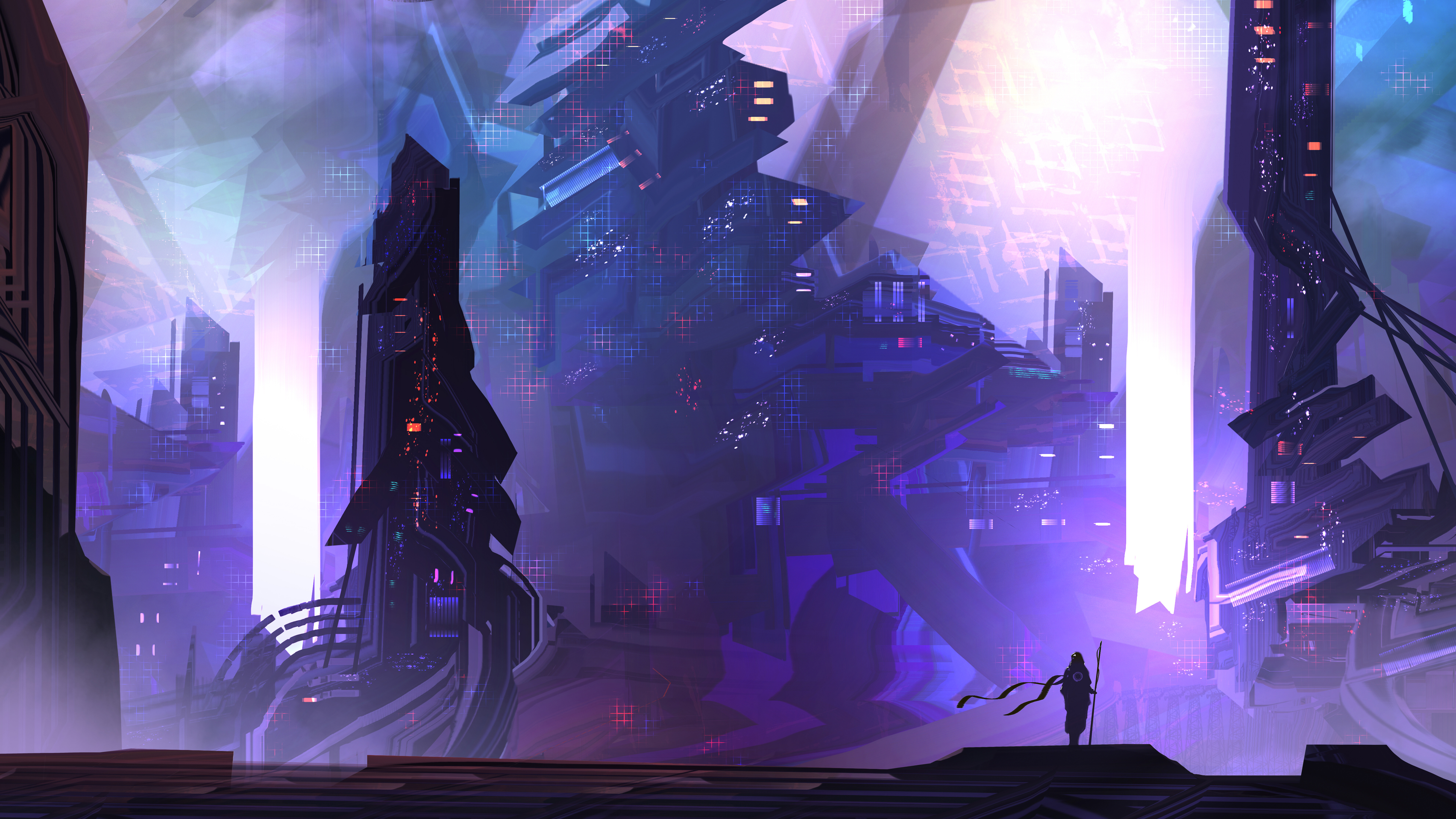 Futuristic city with a lone figure standing on a platform HD Wallpaper