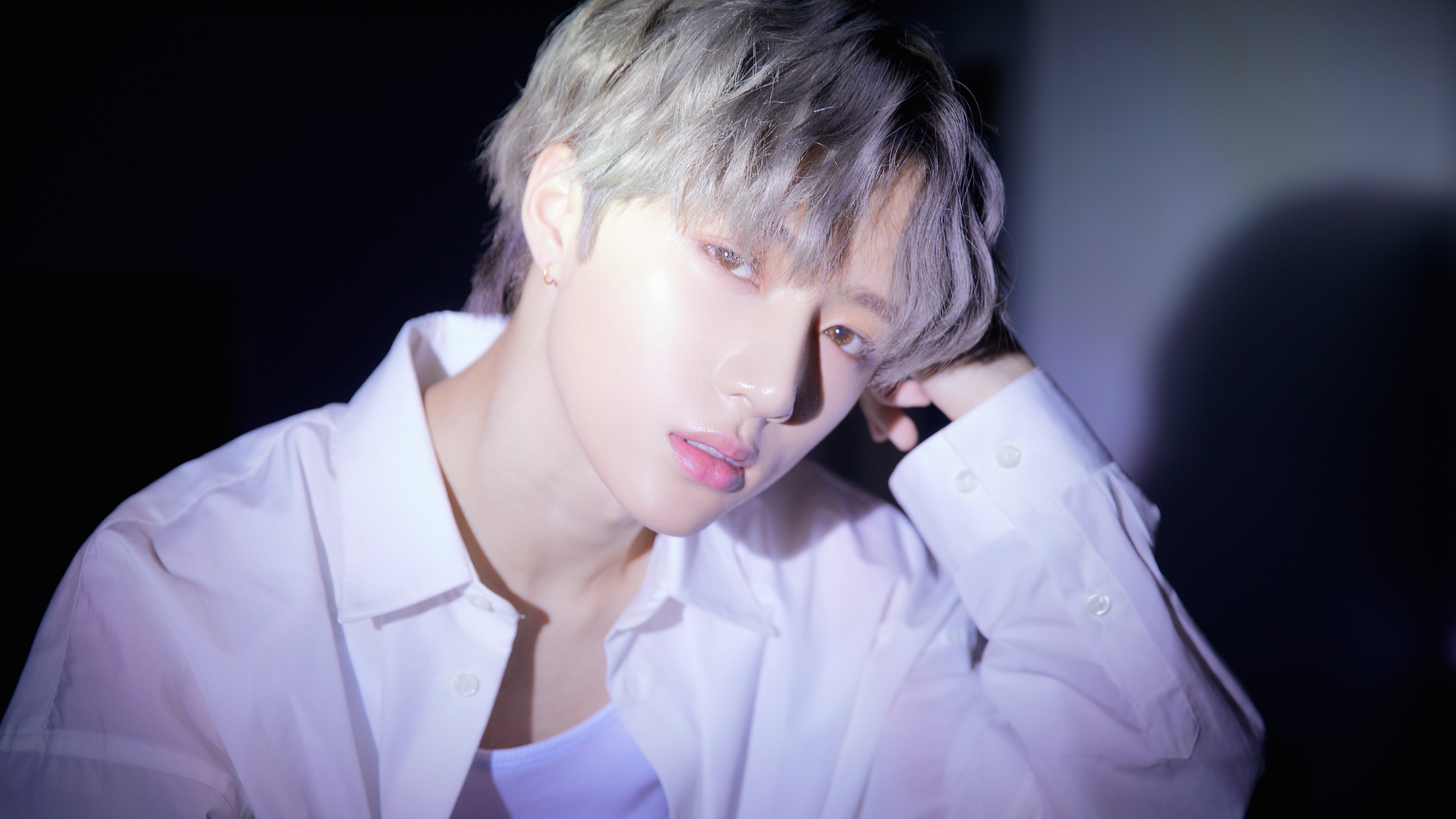 A young man with silver hair wearing a white shirt HD Wallpaper