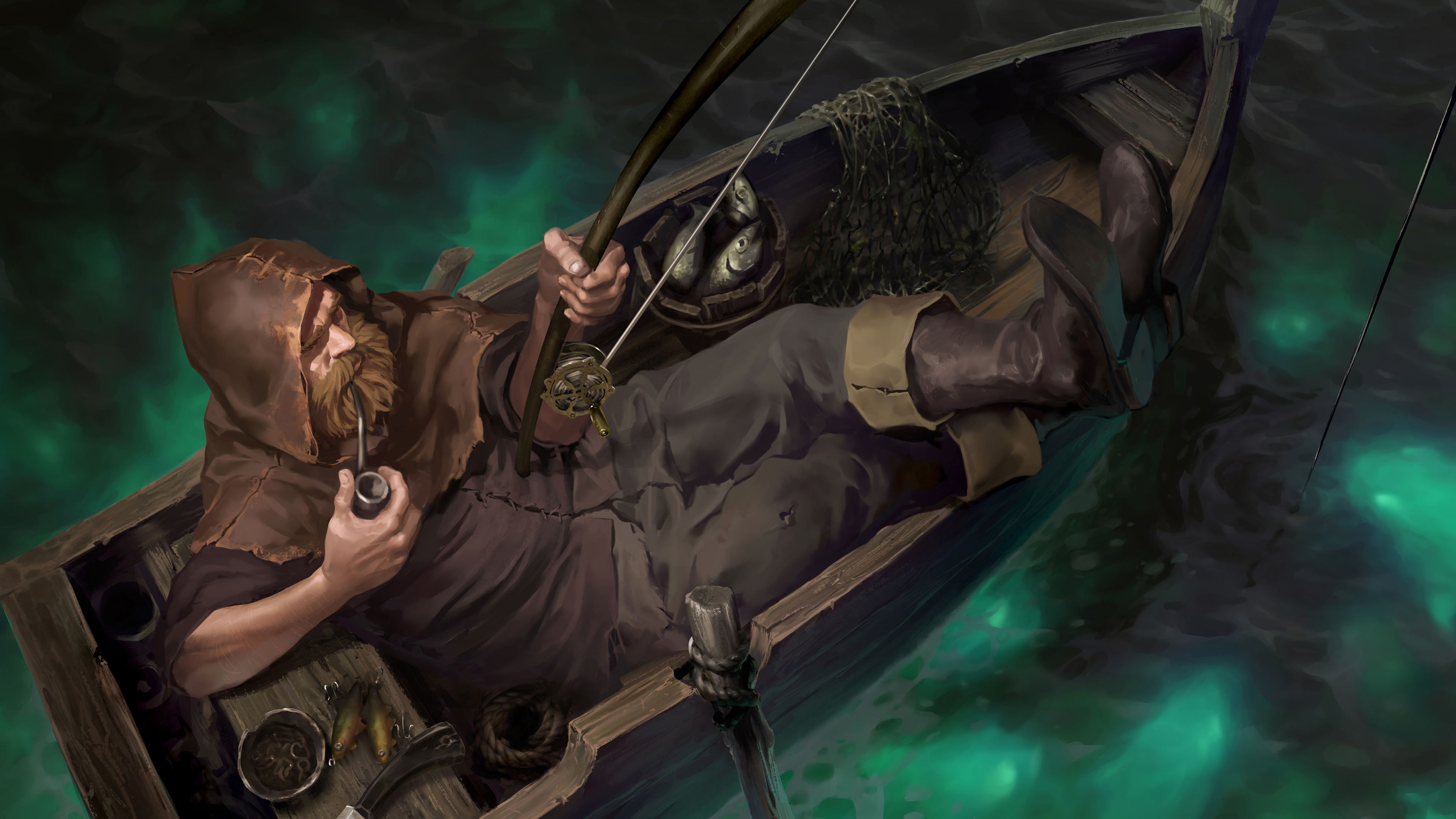 Oblivious Islander from Legends of Runeterra fishing in a boat HD Wallpaper
