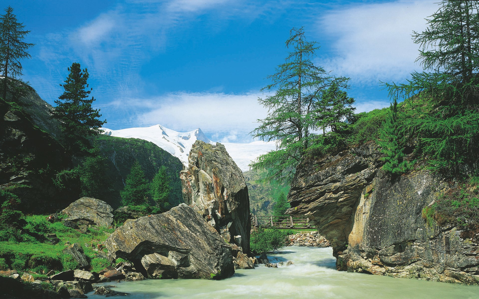 Mountain river flowing through a rocky gorge with snow-capped mountains in the background HD Wallpaper